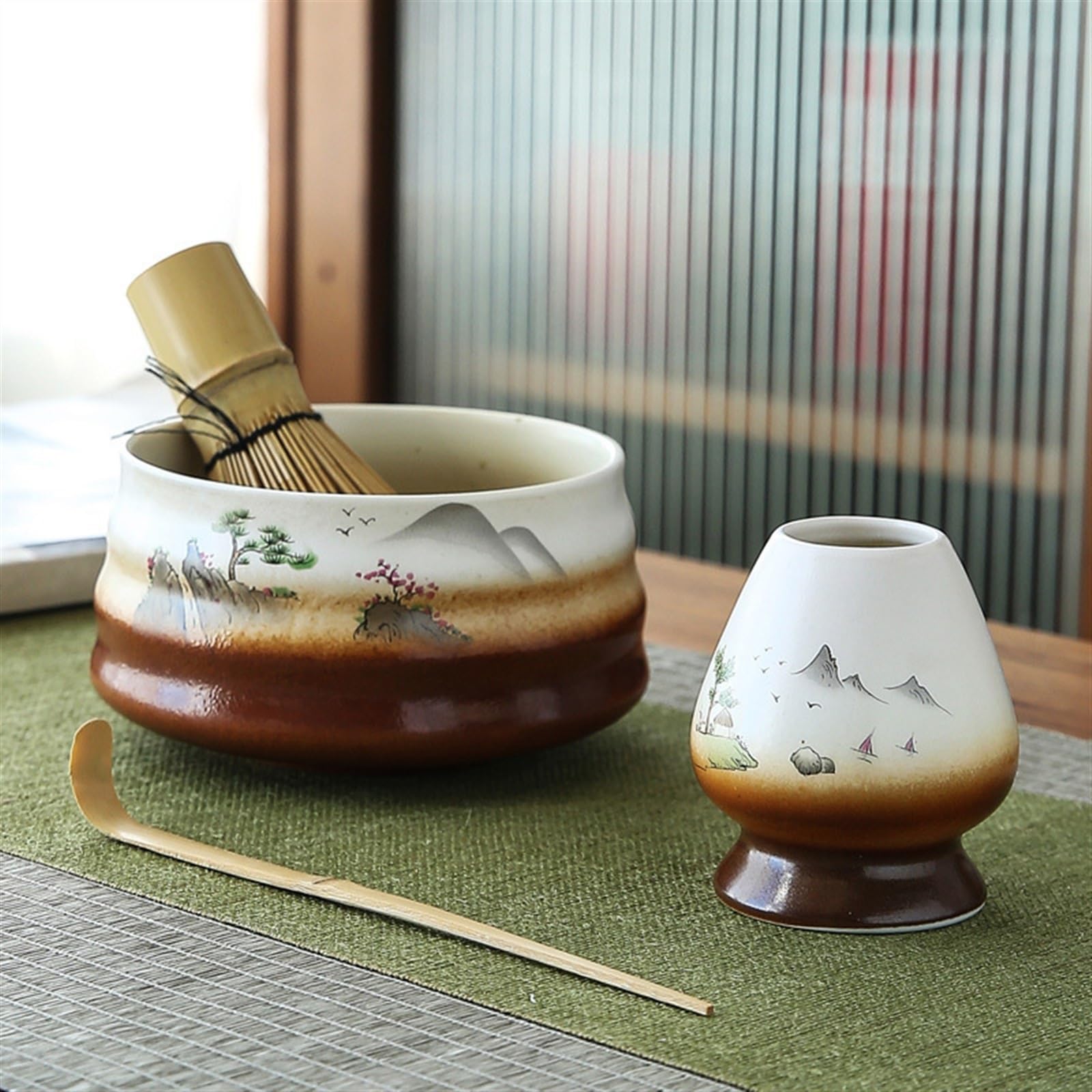 Ensemble de 4 Pièces Matcha Kit Fabrication Artisanale Convient Aux Amis Qui Aiment La Cérémonie du Thé Cuillere Matcha(Brown)