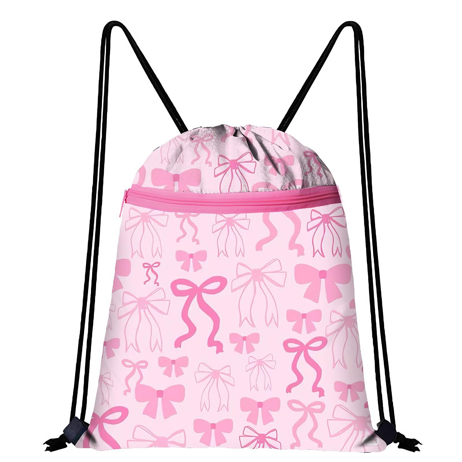 Embhlitfe Pink Bow Drawstring Bag, Waterproof Swim & PE Bag for Women Girls, Large Capacity Cute Sports String Backpack for School Swimming Travel Fitness Hiking Picnic (Pink) — image 1