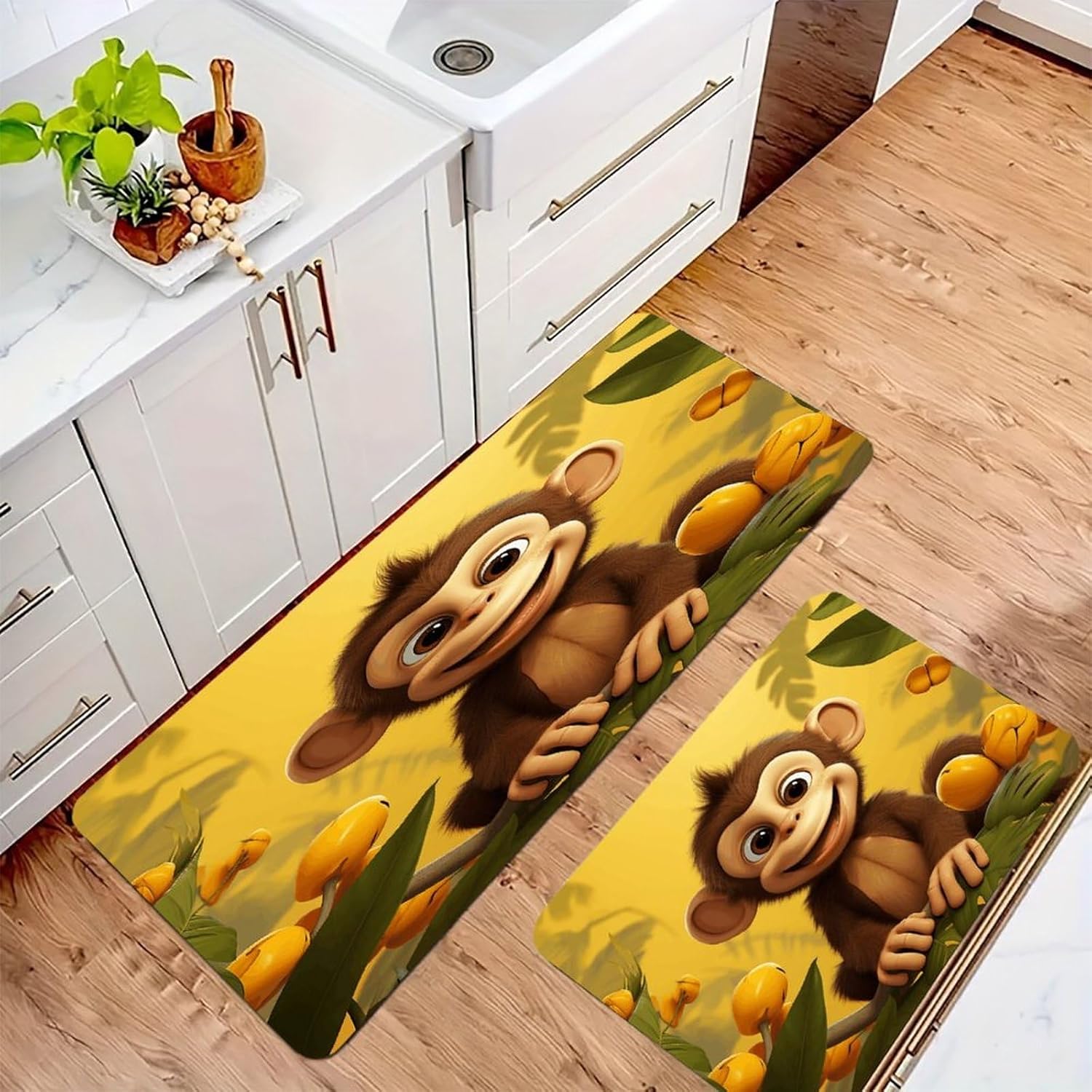 Cute Funny Animal Monkey Banana Kitchen Mat Washable Non Slip Rugs Soft Kitchen Mats for Floor Set of 2 PCS Cushioned Absorbent Runner Standing Rugs for Home Sink Laundry Office
