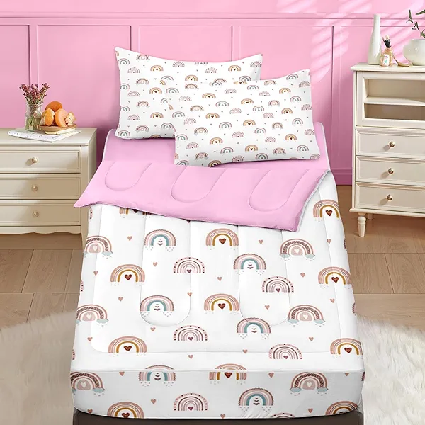 Nesker Zipper Bedding Twin Rainbow Heart Zip Up Bedding Set for Girls and Kids, Pink Boho 3 Pcs Comforter Bed in a Bag with Fitted Sheet and 2 Pcs Pillowcases