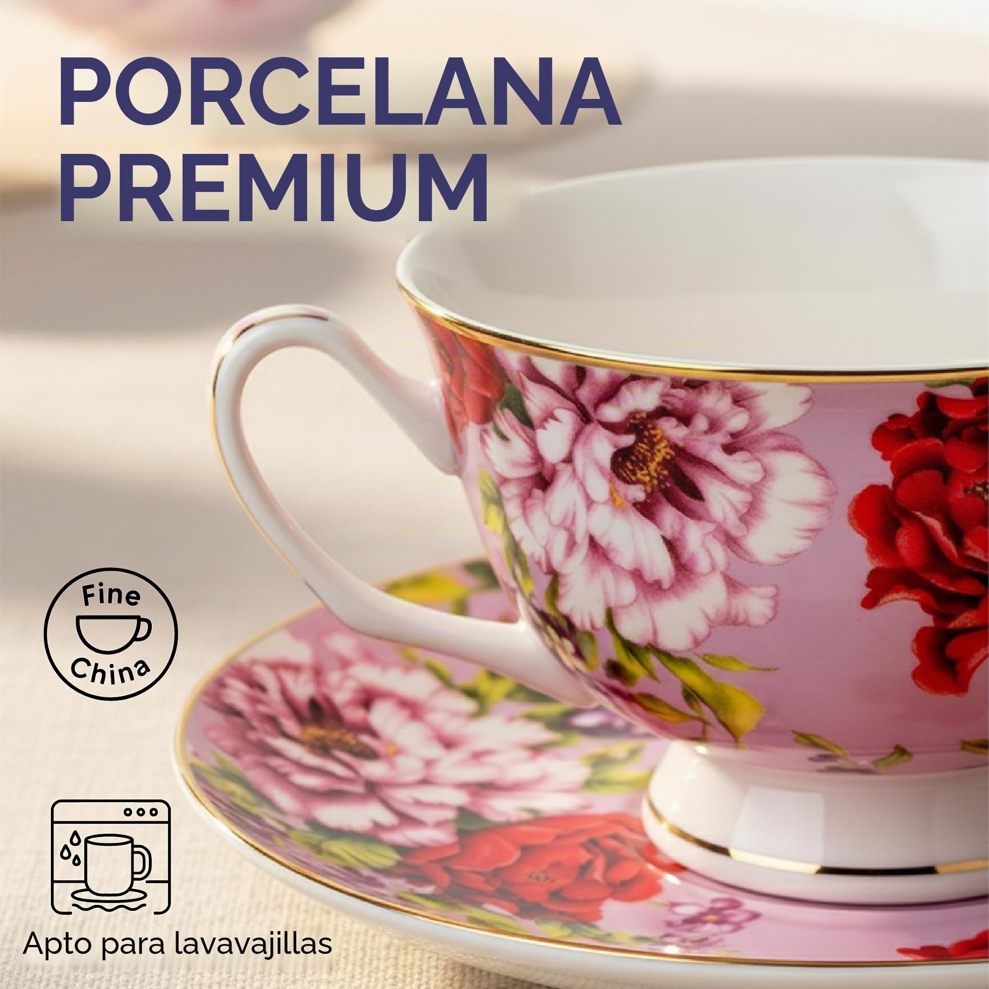 BTaT- Juego de tazas de té y platillos, diseño floral, juego de tazas de té de porcelana, apto para lavavajillas, juego de 6, 8 onzas, regalo para el día de la madre