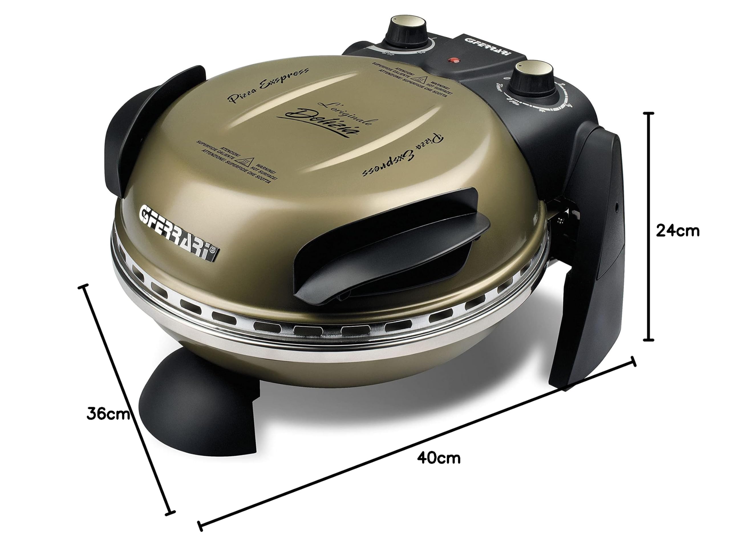 G3 Ferrari G10006 - Piedra refractaria única, Pizza Express Delizia, Horno Pizza, 1200W, 400°C, Oro Antiguo