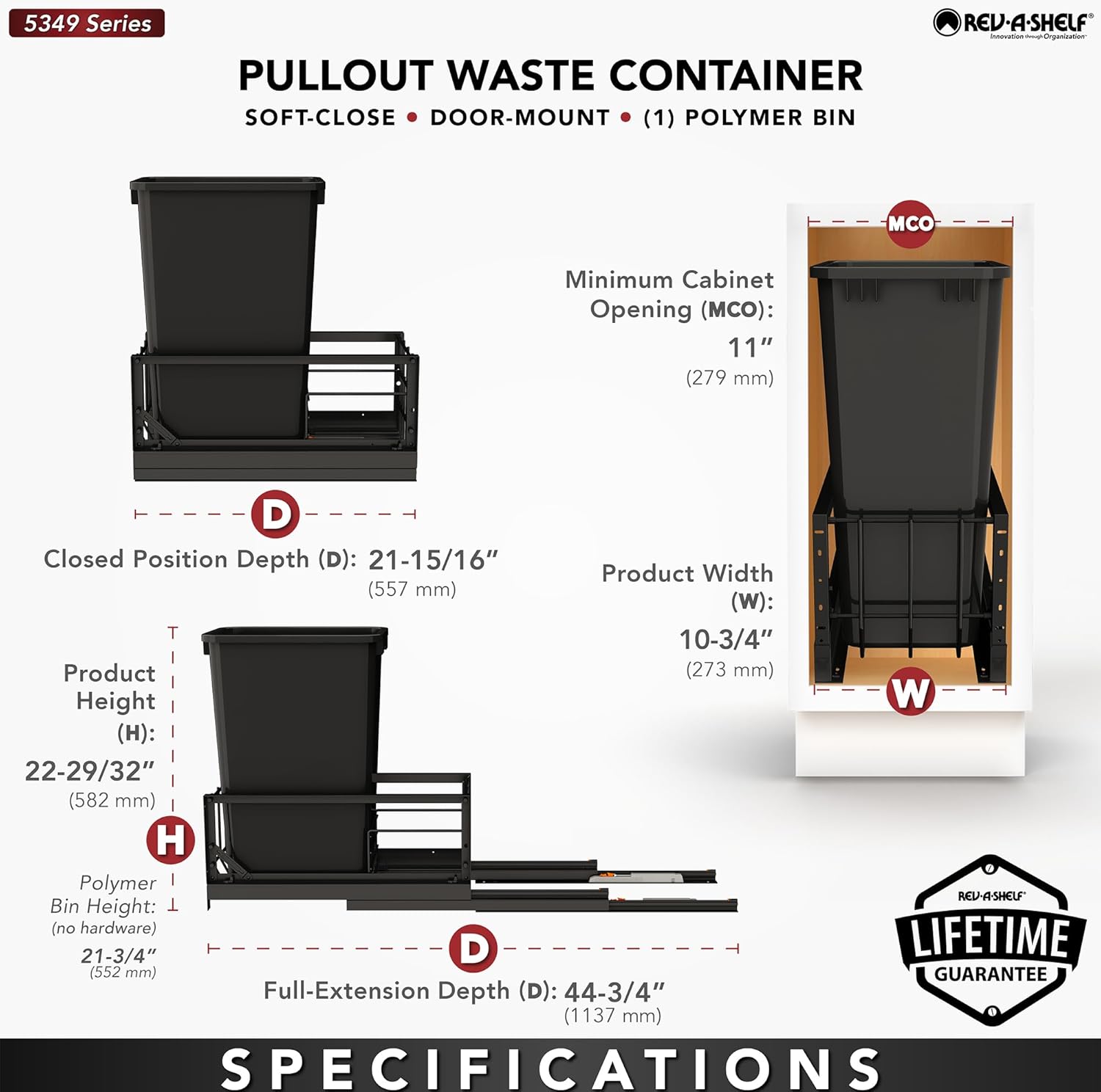 Rev-A-Shelf Aluminum Single Pullout Waste Container for Kitchen Base Cabinets, 50 Qt Trash Can with Soft-Close Slides, Black, 5349-1550DM-118