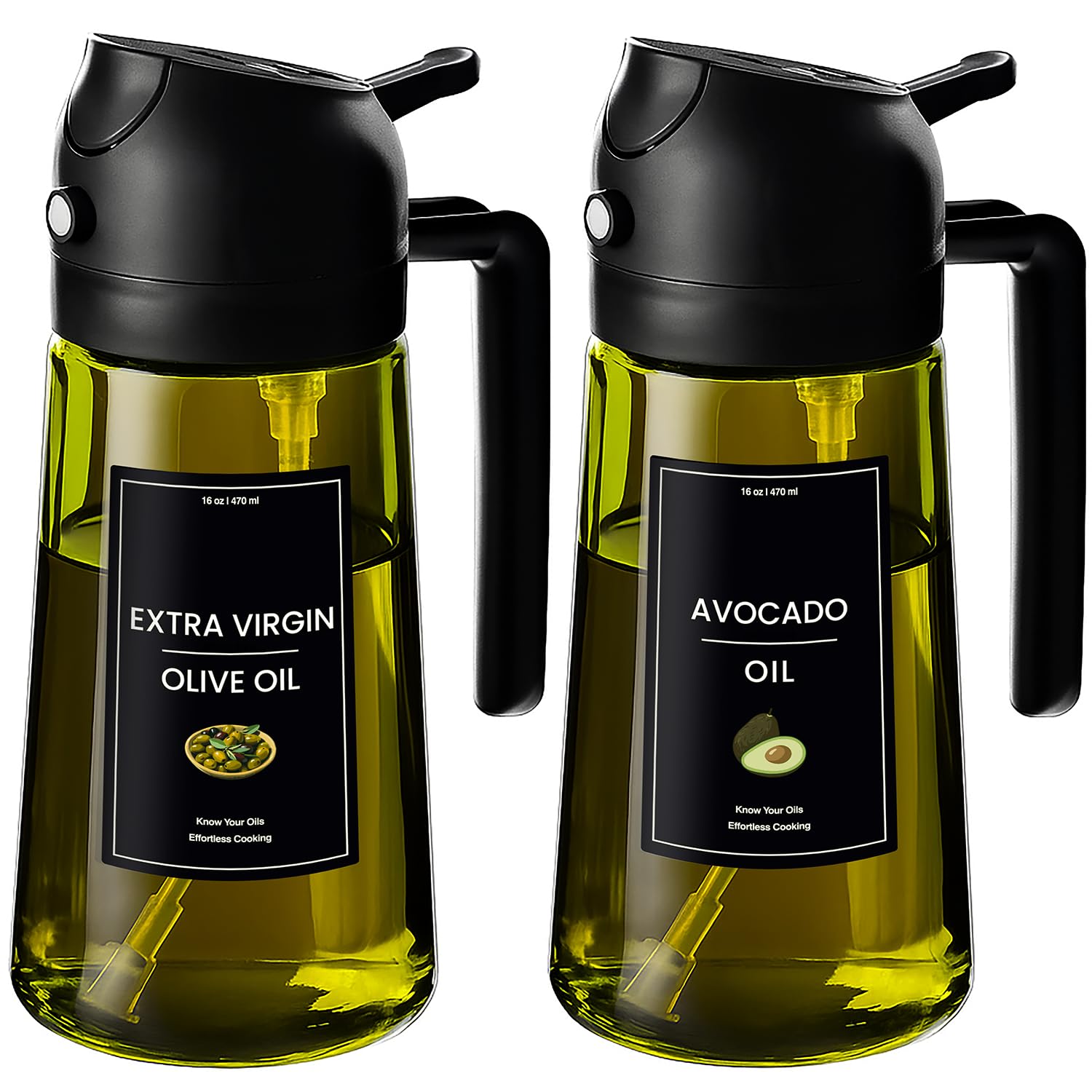 CXINYI - 16oz/470ml Olive Oil Dispenser for Kitchen with Stickers - 2 in 1 Olive Oil Sprayer for Cooking, Air Fryer, and Salad, 2 Black (Light-Proof Kitchen Gadget)