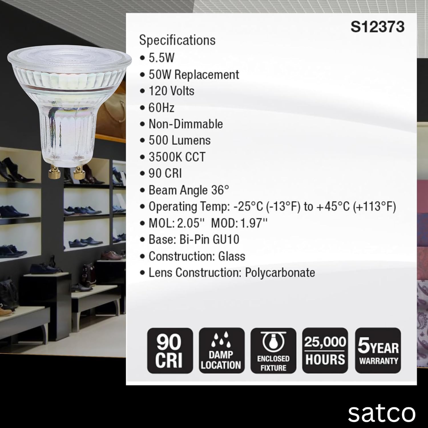 Satco LED MR16 Floodlight 5.5W 50W Equivalent 3500K Neutral White 90+ CRI 36 Beam GU10 Twist-Lock Base 120V Dimmable Clear Finish Part S12373 (6 Pack)