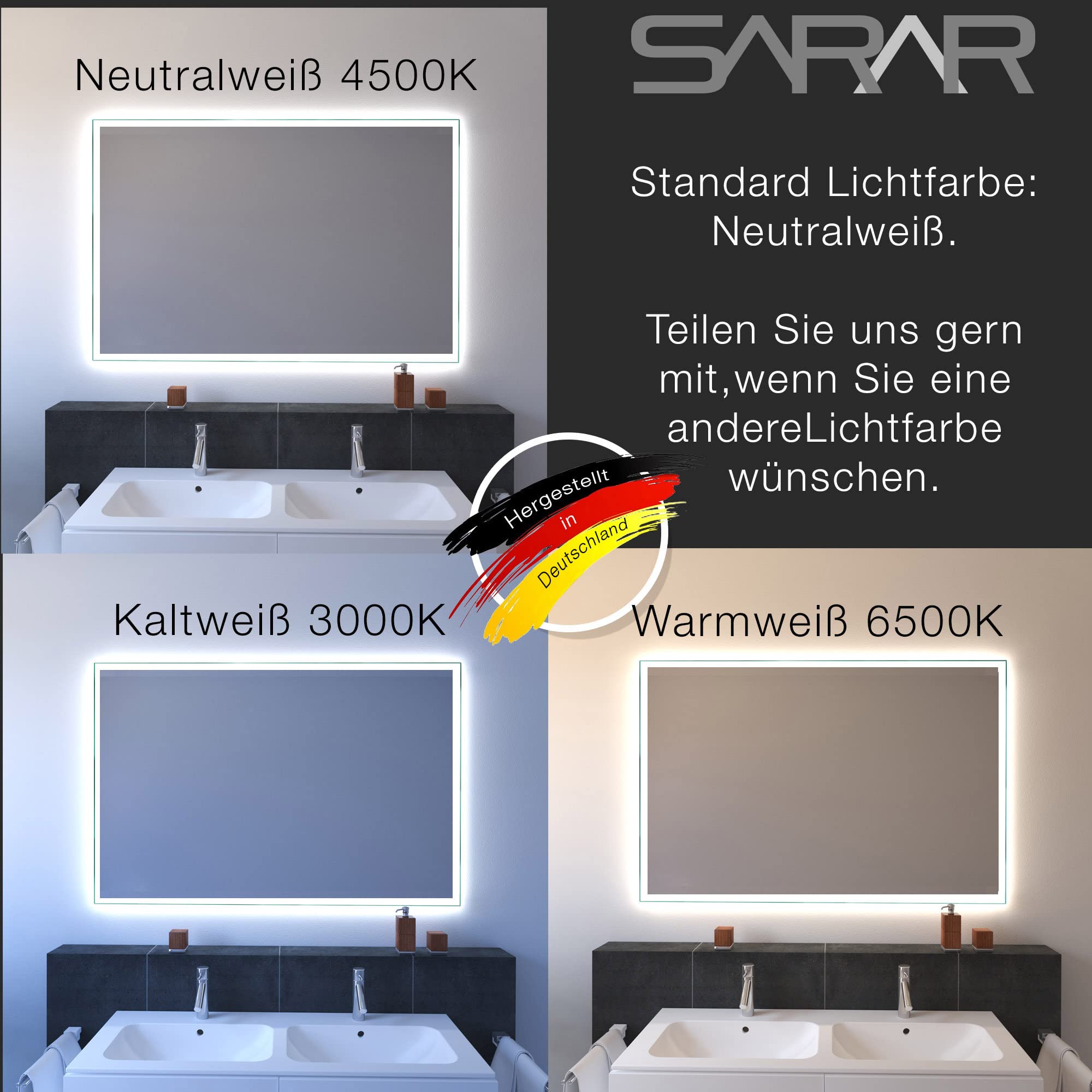 SARAR Badspiegel mit schmaler rundum LED-Beleuchtung 90x70cm Made in Germany Designo MA4111 Wandspiegel Spiegel mit Beleuchtung Badezimmerspiegel nach-auf Maß