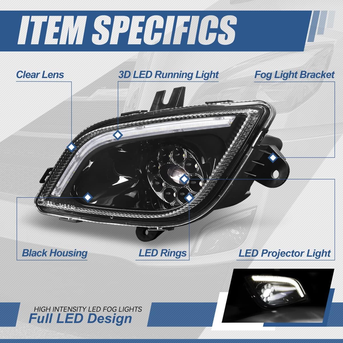 Auto Dynasty Full LED 3D LED Rings Projector DRL Front Bumper Driving Fog Light Lamps Compatible with Freightliner Cascadia 2018-2024, Driver and Passenger Side, Black Housing