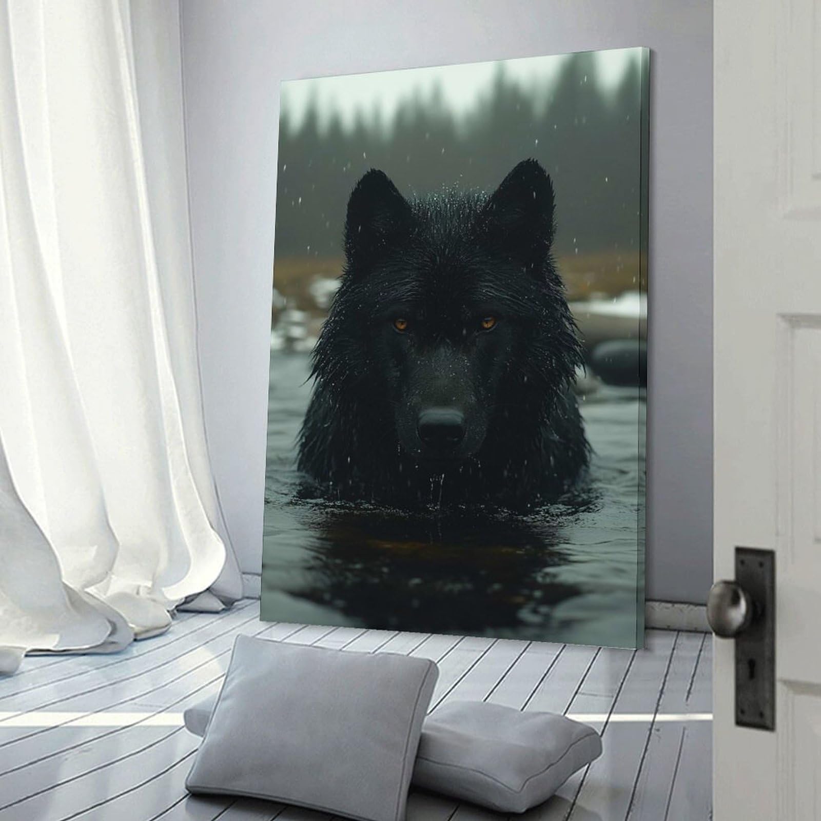 Junmoney Frame-Style-7-1 Black Wolf In Water Home Decor Wall Art 12X18inch(30X45cm), For Hallway, Bedroom Or Modern Interiors, Canvas Artwork With Gifting Potential