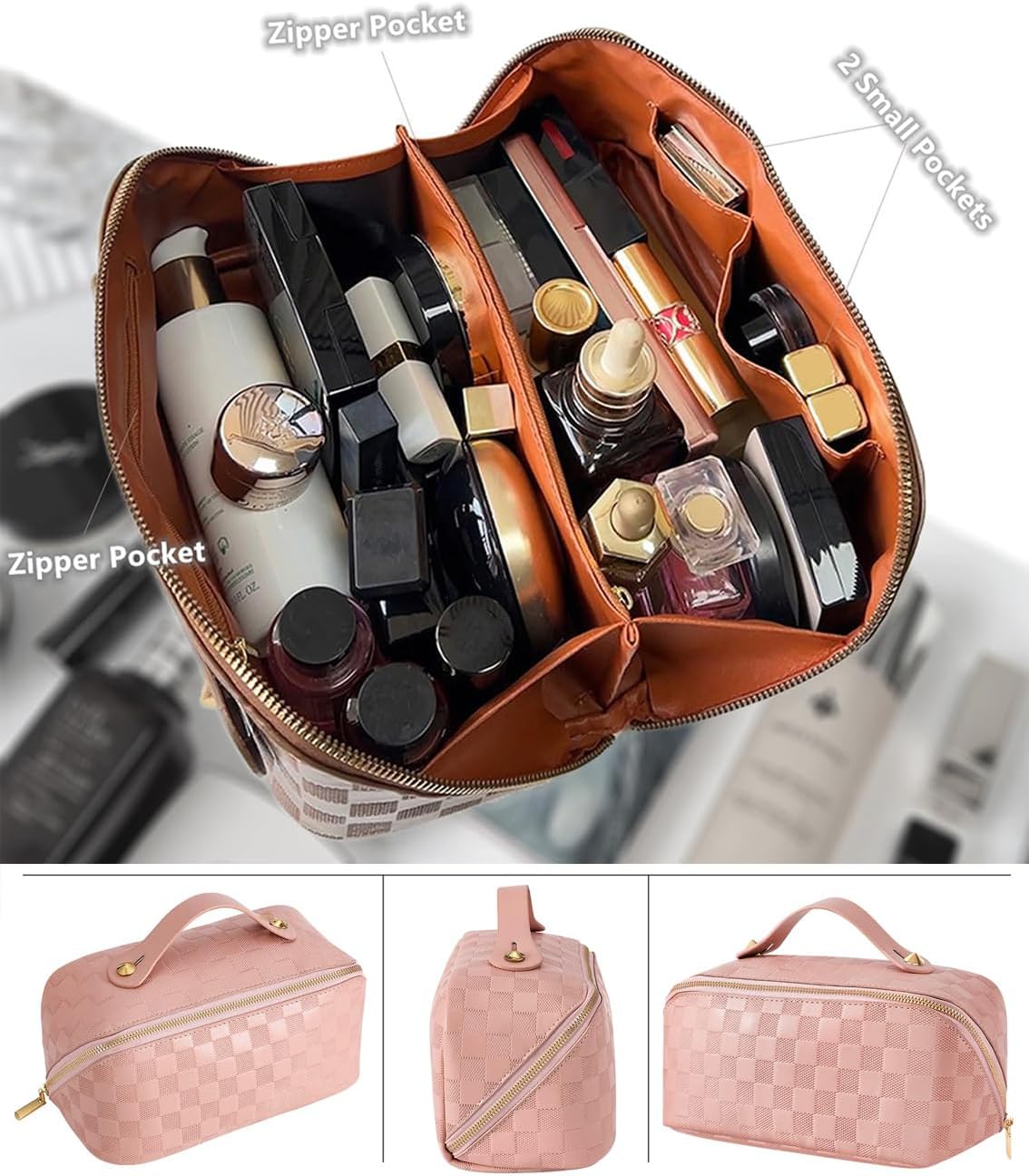 Checkered Travel Makeup Bags Cosmetic Organizer Bag: 2-Set Large Capacity Waterproof Makeup Bag - PU Leather Toiletry Bag for Women - Wide Open Portable Pouch with Handle and Divider (PINK)