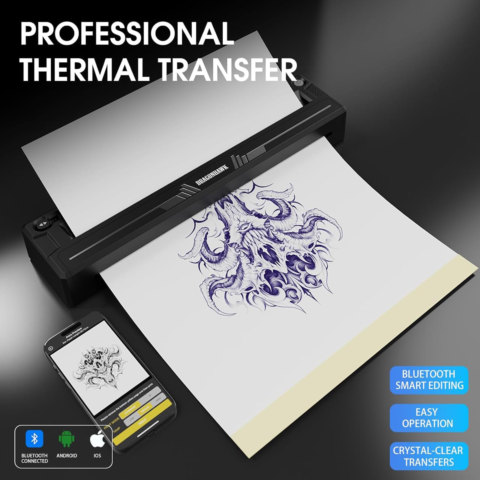 Dragonhawk L3 Tattoo Maschine Set, Kabellose Tätowiermaschine Mit 2.4-4.2mm Hublänge Und 2000mAh Batterien, Stencil Nadeldrucker, 20 Stück Tätowier-Kartuschennadeln Für Anfänger Und Künstler