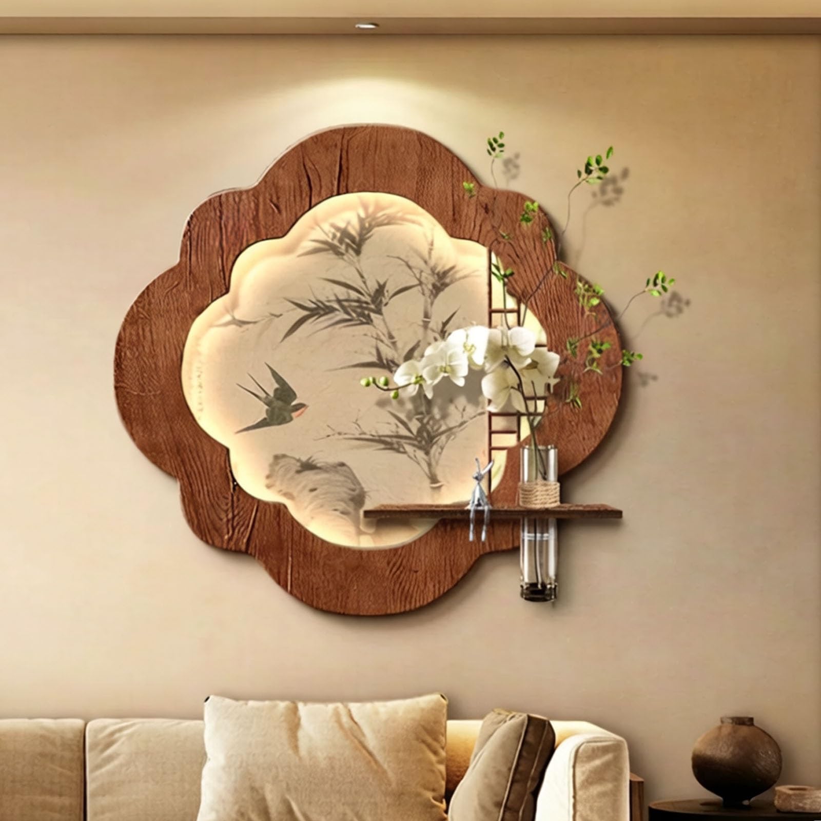 RASJCGRCOA 3d sandstone wall art decor with floating shelf led-illuminated landscape decorative art modern picture wall chinese creative landscape mural(B,35.4 * 35.4in/90 * 90cm)