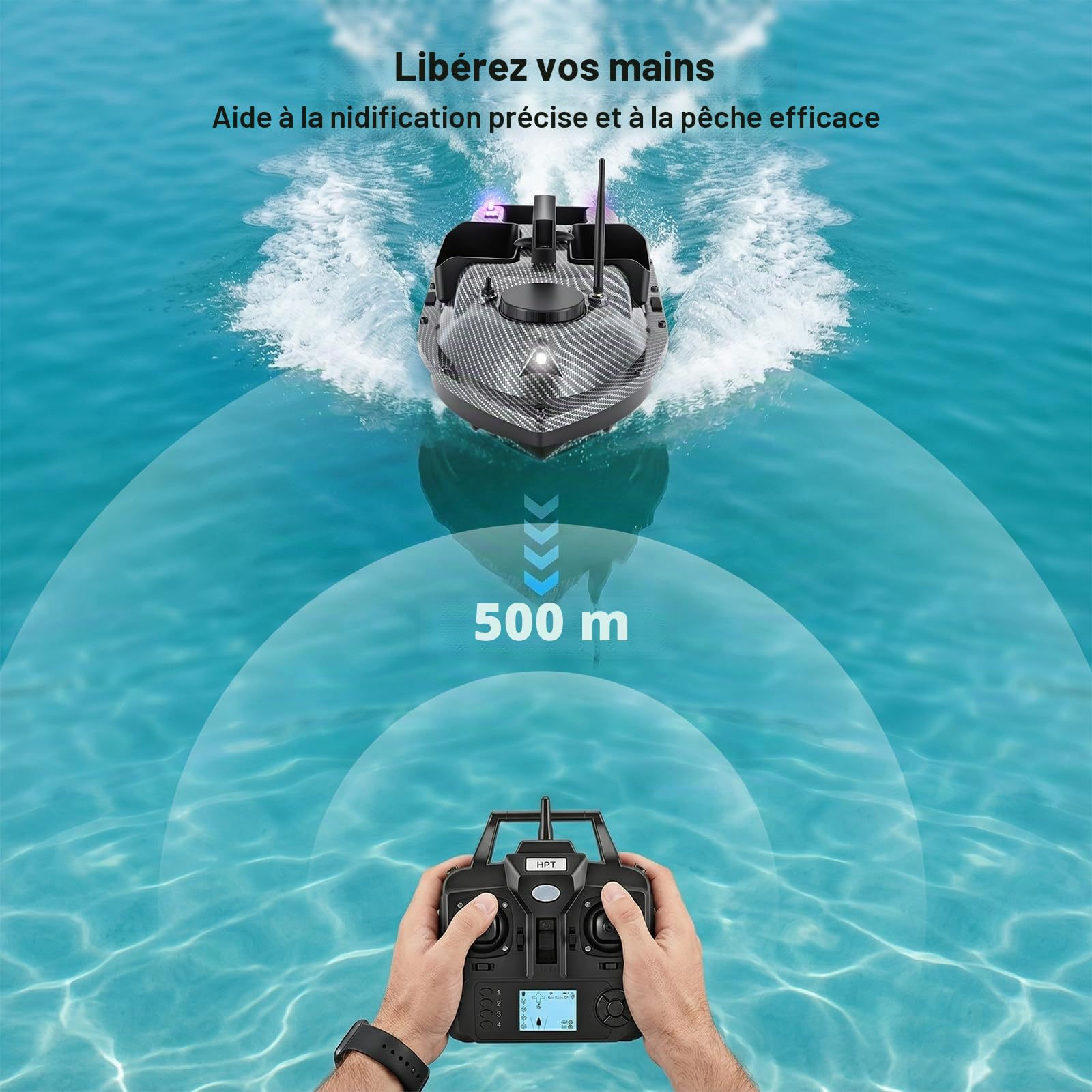 Bateau télécommandé, 600 m, Bateau de pêche avec GPS, capacité de Charge de 2 kg, 40 Points de positionnement, Moteurs Doubles, Bateau d'alimentation RC pour rivières, Lacs et Mers