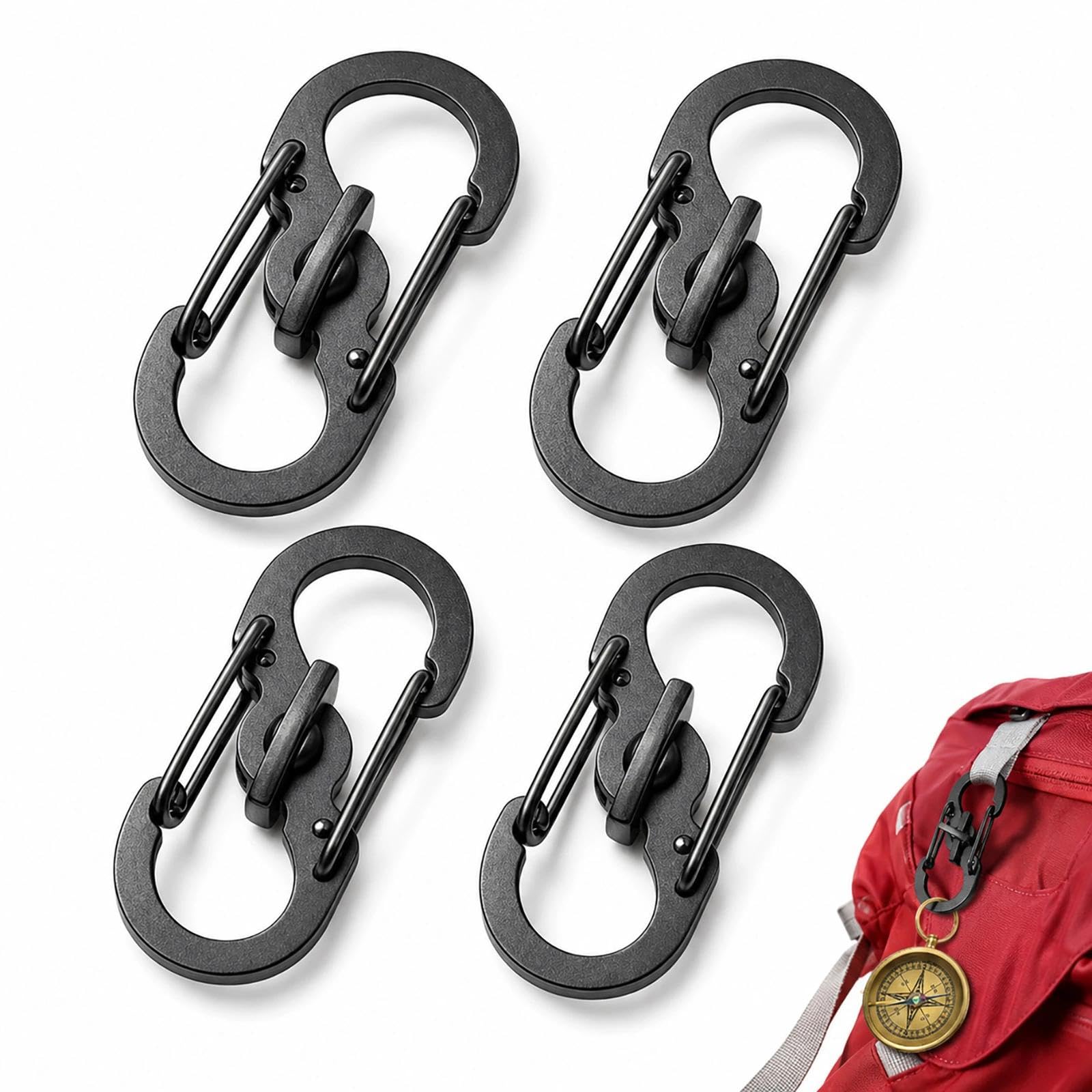 BOHUIMYI 4 Pack Mini S Carabiner Clips, Stainless Steel Dual Spring Locking S Shaped Keychain Hooks, Lightweight Small Carabiners for Home Outdoor Hiking Camping Fishing Travel