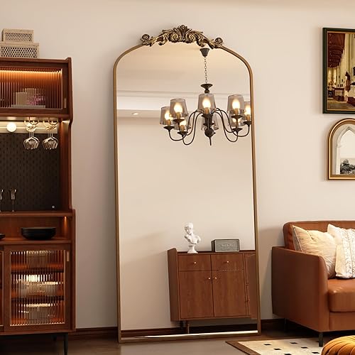 Espejo de cuerpo entero con arco dorado de 65 x 22 pulgadas, espejo vintage de inspiración barroca para pared, espejo de piso para vestirse, a