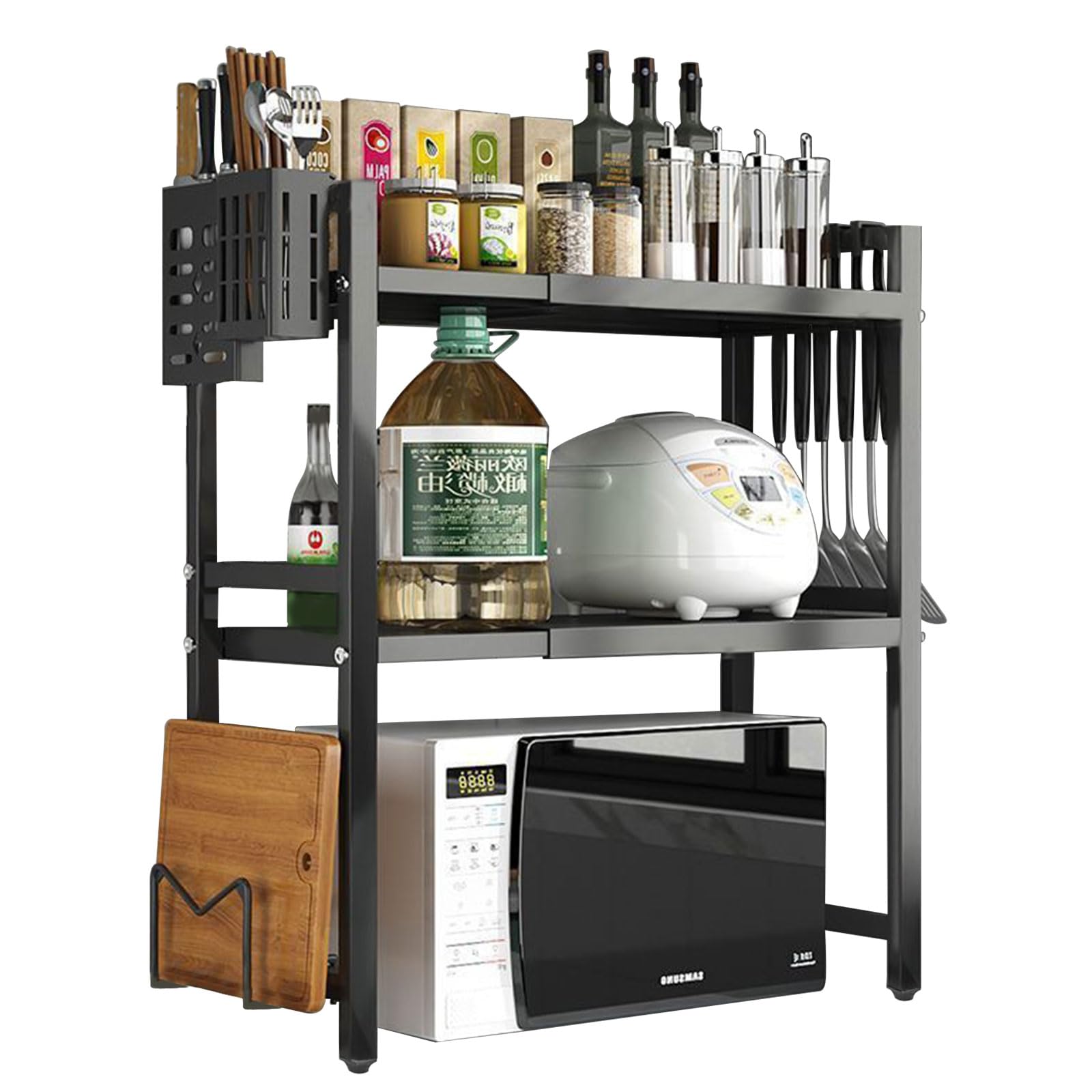 Expandable Microwave Shelf - 3 Tier Oven Stand Countertop with 6 Hook, Microwave Stand Kitchen Organiser Storage, Height Width Adjustable Pantry Rack, Single Layer Counter Shelf Cutting Board (Black）