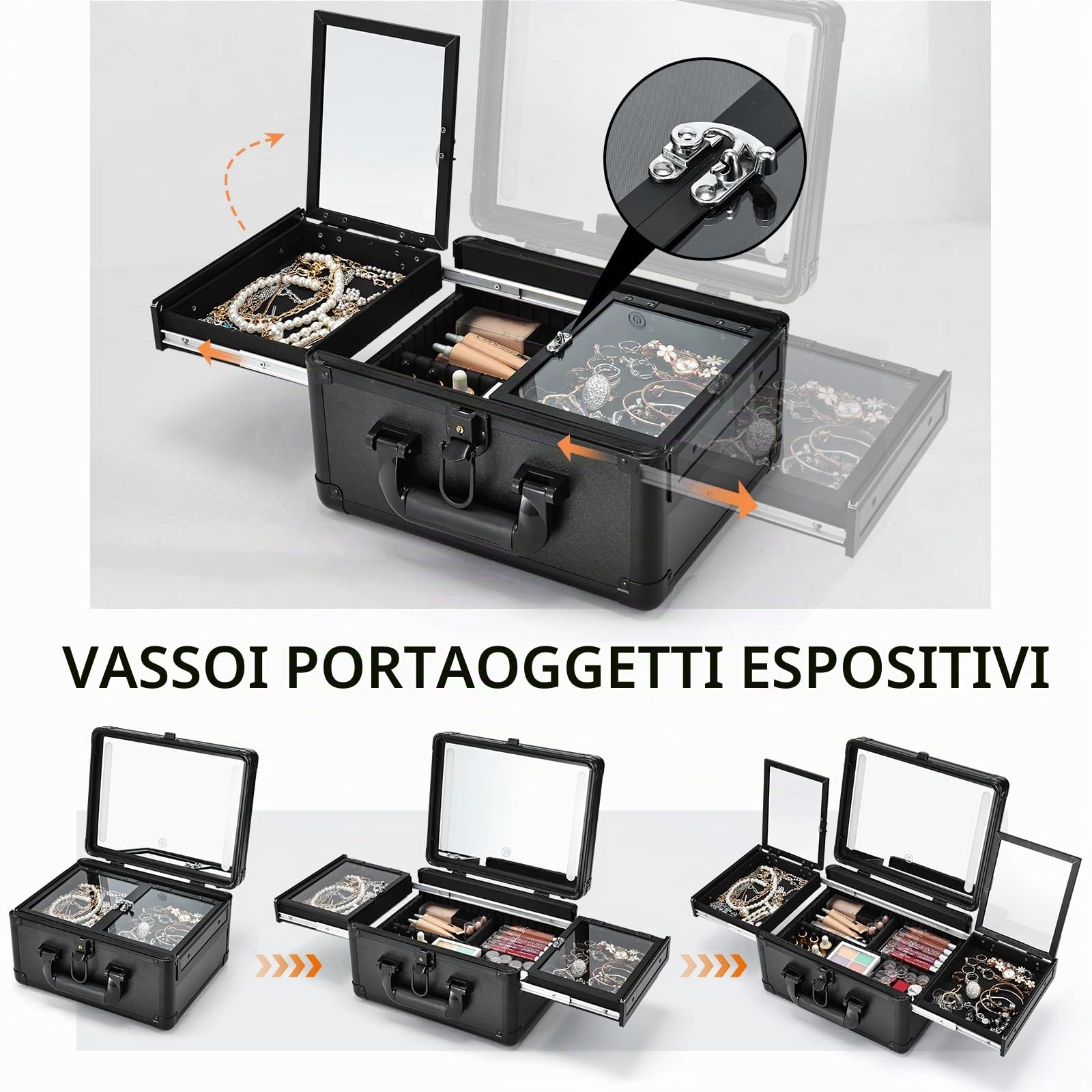 Custodia per trucco da viaggio con specchio a LED Vanity Case con specchio Custodia per trucco Scatola per trucco Divisori regolabili Vassoi pieghevoli per la conservazione dei gioielli, Nero opaco