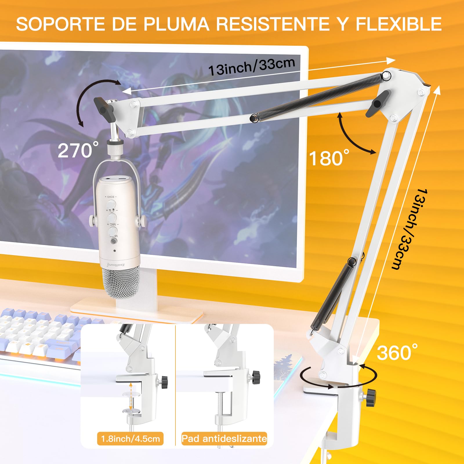 ZealSound Kit de micrófono gaming,micrófono USB de condensador con brazo articulado,micrófono cardioide,botón de silencio,eco,monitoreo, micrófono para teléfono,PC,podcasts,video,chat en línea(Blanco)