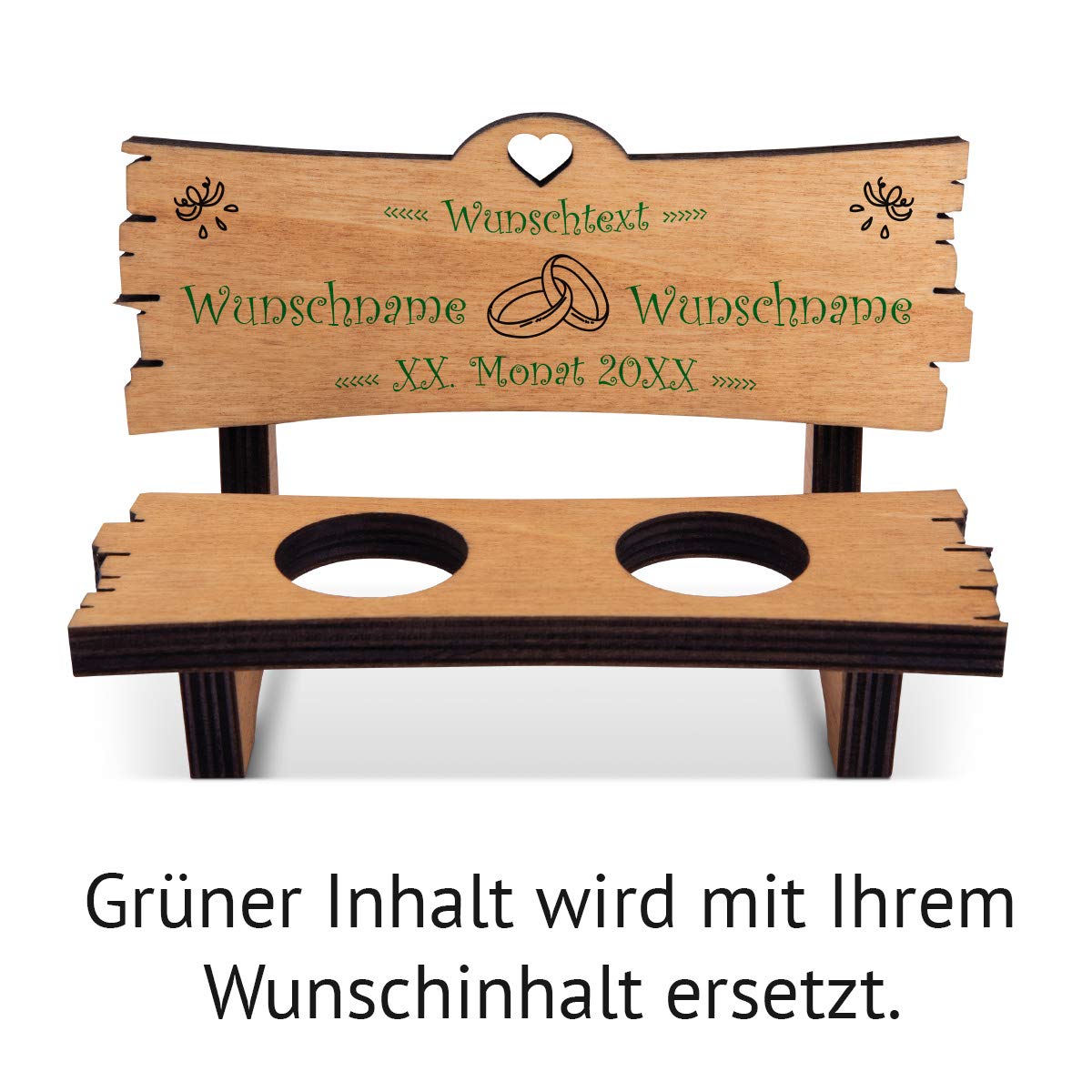 Hochzeitsbank Mit Schnapsgläsern – Personalisierte Gravur Auf Pappelholz (16,5x11x8 Cm)