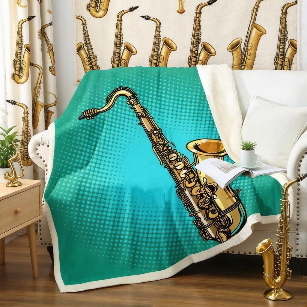 Loussiesd Colour 20 Saxophone Fleece Blanket Classic Music Themed Sherpa Blanket For Chair Sofa Couch Sax Musical Pattern Fuzzy Blanket Instruments Print Plush Throw Blanket Room Decor Single 50"X60"