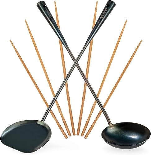 YOSUKATA Juego de utensilios Wok pre-sazonados, espátula Wok de acero al carbono azul de 17 pulgadas, cucharón Wok, 3 pares de palillos, accesorios