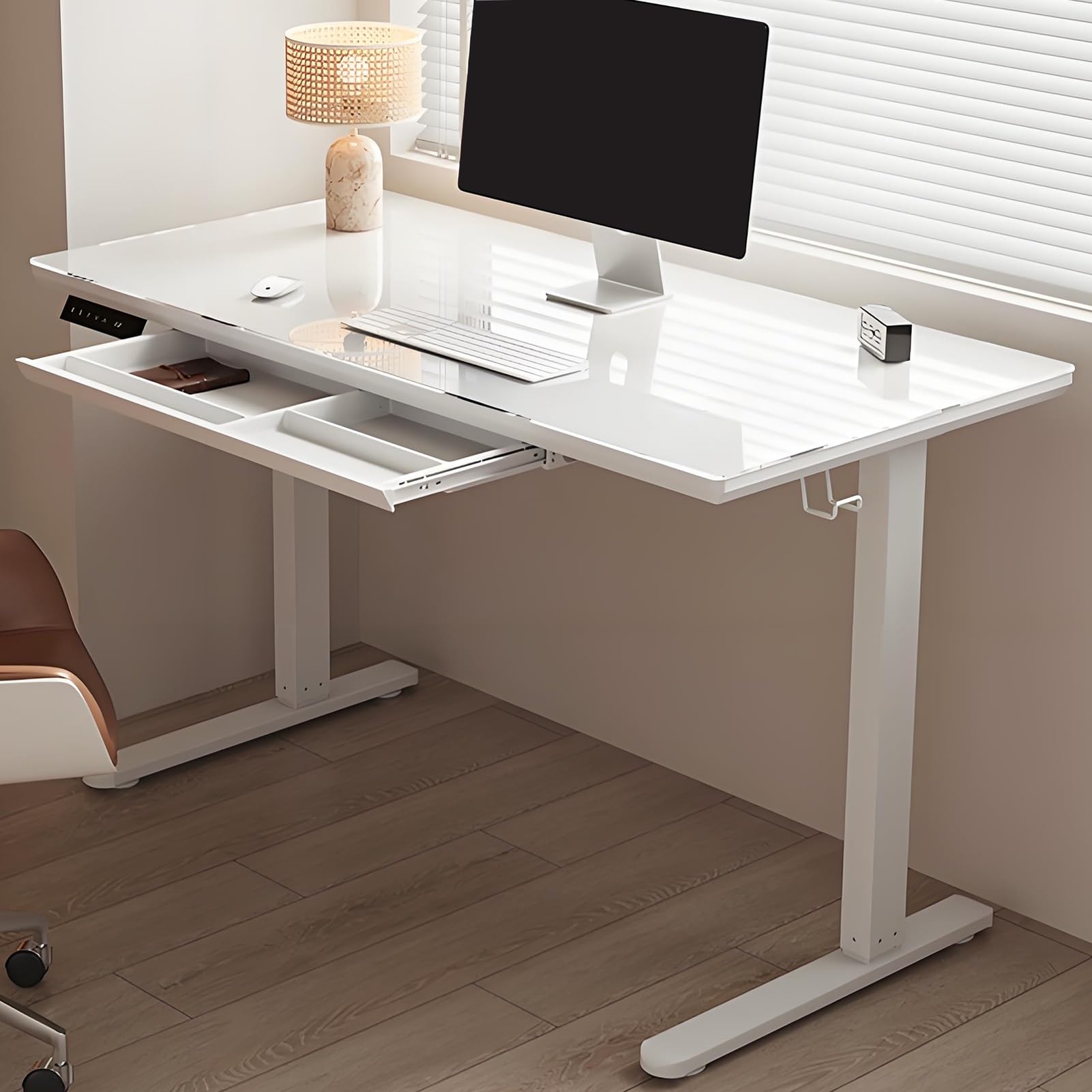 MYUYEE Standing Desk Adjustable Height, Stand Up Desk With Drawer, Tempered Glass Top, Modern Sit Stand Desk, Office Desk With Headphone Hook And Cable Basket (White-120X60Cm)