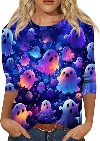 Cute Funny Halloween Shirts for Women Plus Size 3/4 Length Long Sleeve Womens Tops Witch Gothic Renaissance Shirt