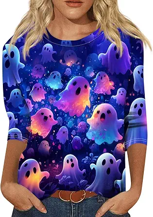 Cute Funny Halloween Shirts for Women Plus Size 3/4 Length Long Sleeve Womens Tops Witch Gothic Renaissance Shirt