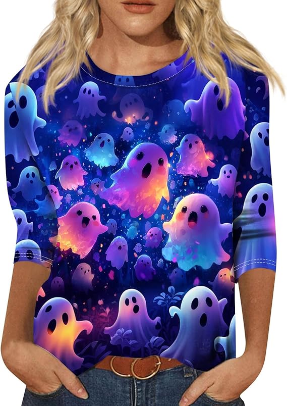 Cute Funny Halloween Shirts for Women Plus Size 3/4 Length Long Sleeve Womens Tops Witch Gothic Renaissance Shirt