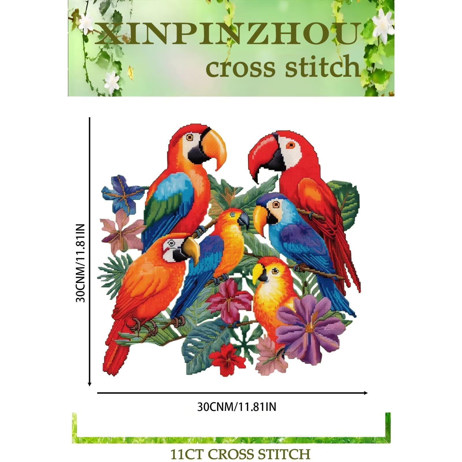 Xinpinzhou Parrot 11ct Cross Stitch Kits, 11 CT Funny Pre Printed Counted Stamped Cross Stitch Embroidery Needlepoint Animals Patterns Kits for Beginners Adults Crossstitch 30 x 30 cm