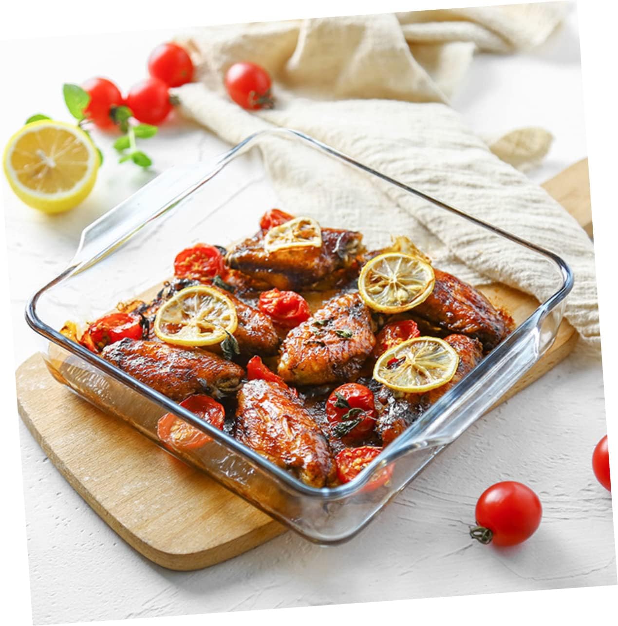 PRETYZOOM 8-Inch Glass Baking Tray Handles Microwave Safe Pizza Pan Double Ear Oven Dish for Baking Fish and Steak Sturdy Bakeware for Home Cooking