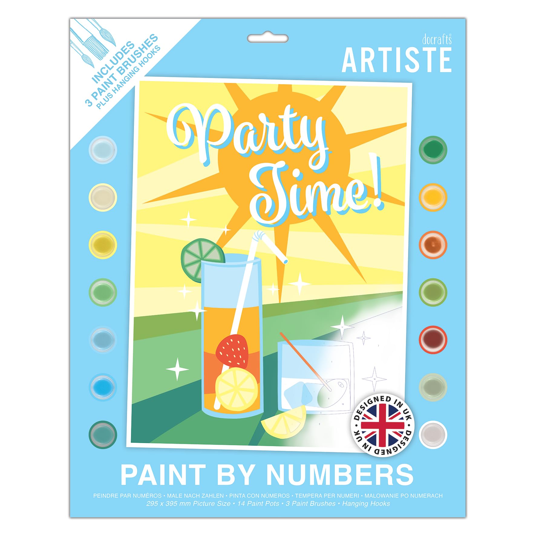 DOCRAFTS ARTISTE Large Paint by Numbers, Party Time, Summer Craft, 395x295mm Board 14 Acrylic Colour Paint 3 Size Brush Set, Adults Craft, Hobbies Craft, Number Coded Design, Personalised Art