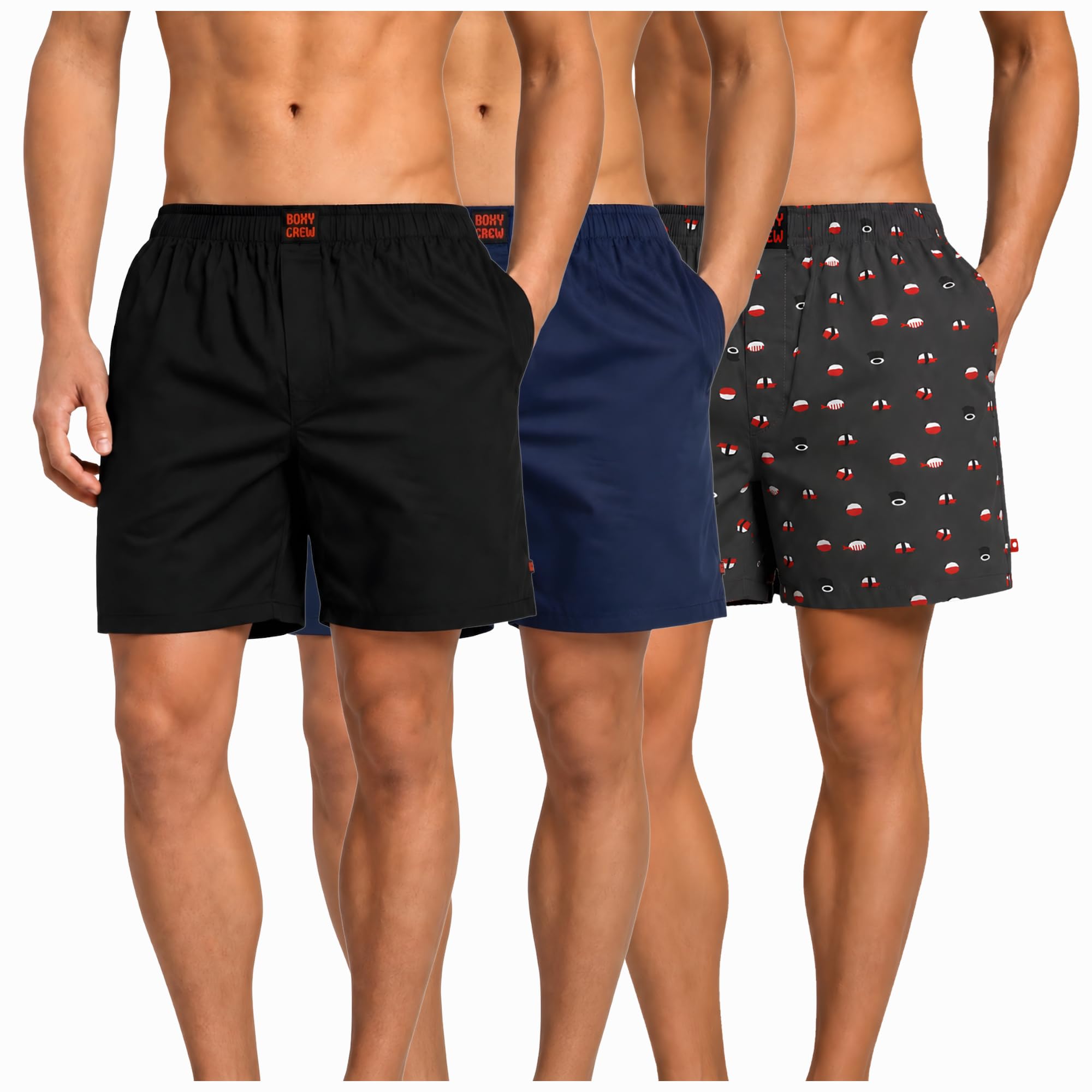 Men's 100% Cotton Boxer Shorts Pack of 3, Black, Navy Blue & Charcoal | Woven Boxers with Side Pockets, No-Marks Elastic Waistband, Breathable Relaxed Fit | Style 001-002-012-image-28