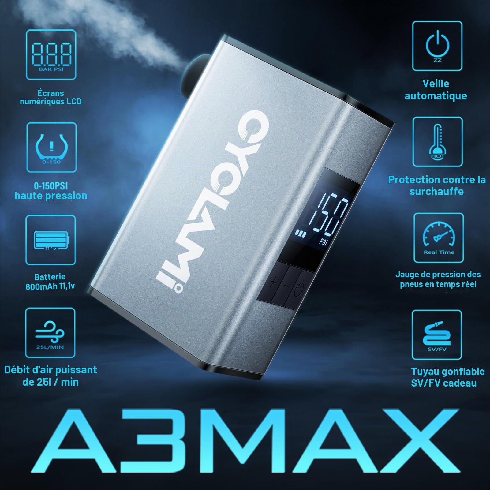 A3MAX Mini Pompe à vélo électrique, compresseur Portable 150 PSI, Pompe à air compacte pour valves Presta et Schrader pour vélos de Route, VTT et vélos électriques