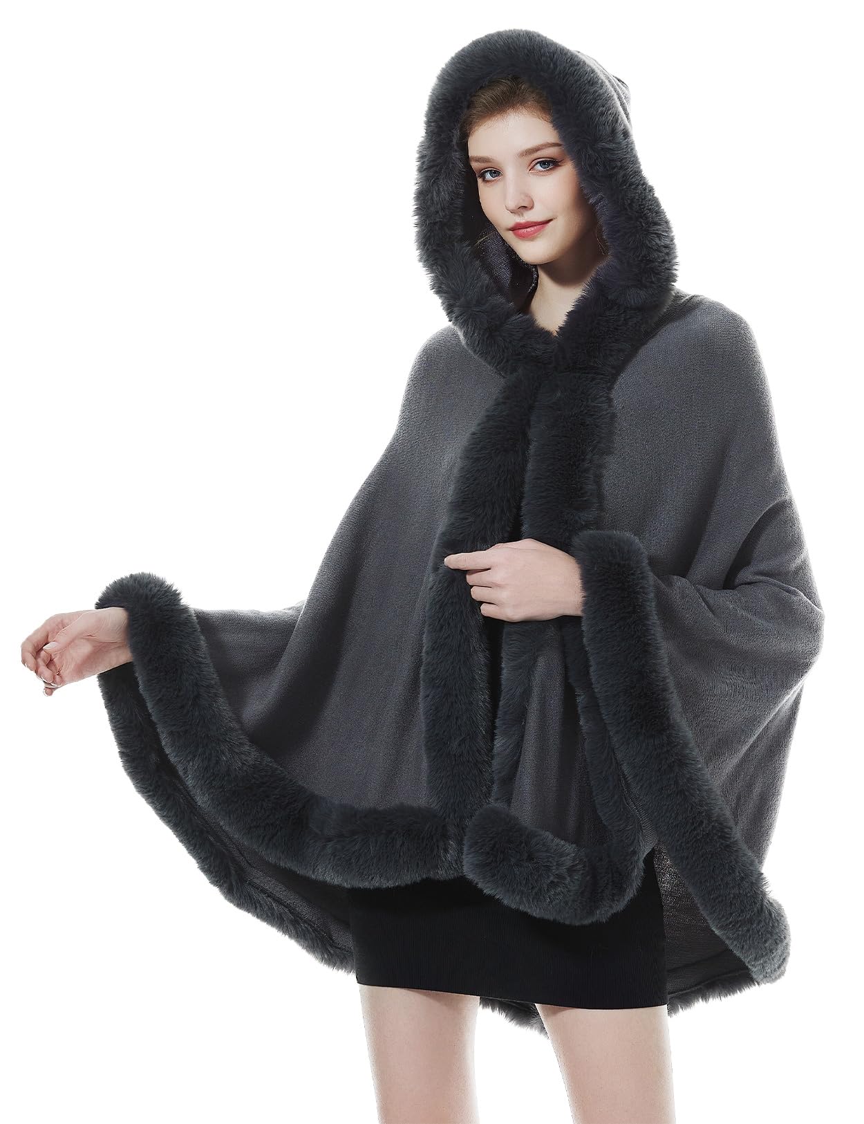 BEAUTELICATE Poncho Mantella di Pelliccia Sintetica Donna Invernale Stola Scialle con Cappuccio Lavorata a Maglia Cardigan per Cerimonia Festa Matrimonio