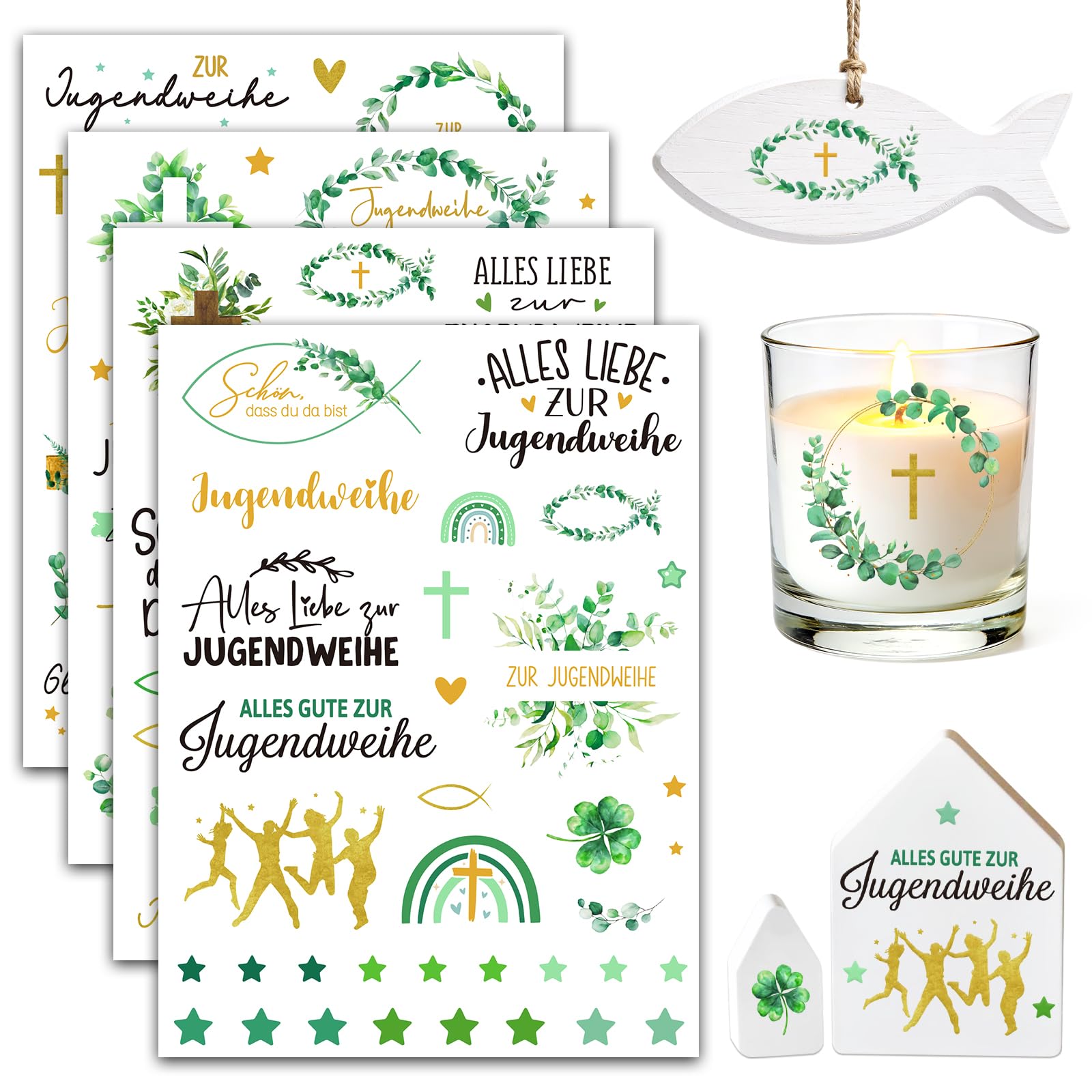 4 Blätter Rub On Sticker Jugendweihe Jungen Mädchen Folie Transferaufkleber Jugendweihe Geschek Jugendweihe Aufkleber für Scrapbooking Glas Holz Keramik Geschenke Deko DIY Basteln Deko