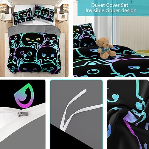 Miniatura 129 de Cartoon Cat Comforter Cover Set - Queen Size, Gradient Line Cat Bedding Set with Zipper for Kids Teens Boys Girls Adult Room Decor - 1 Quilt Cover 2