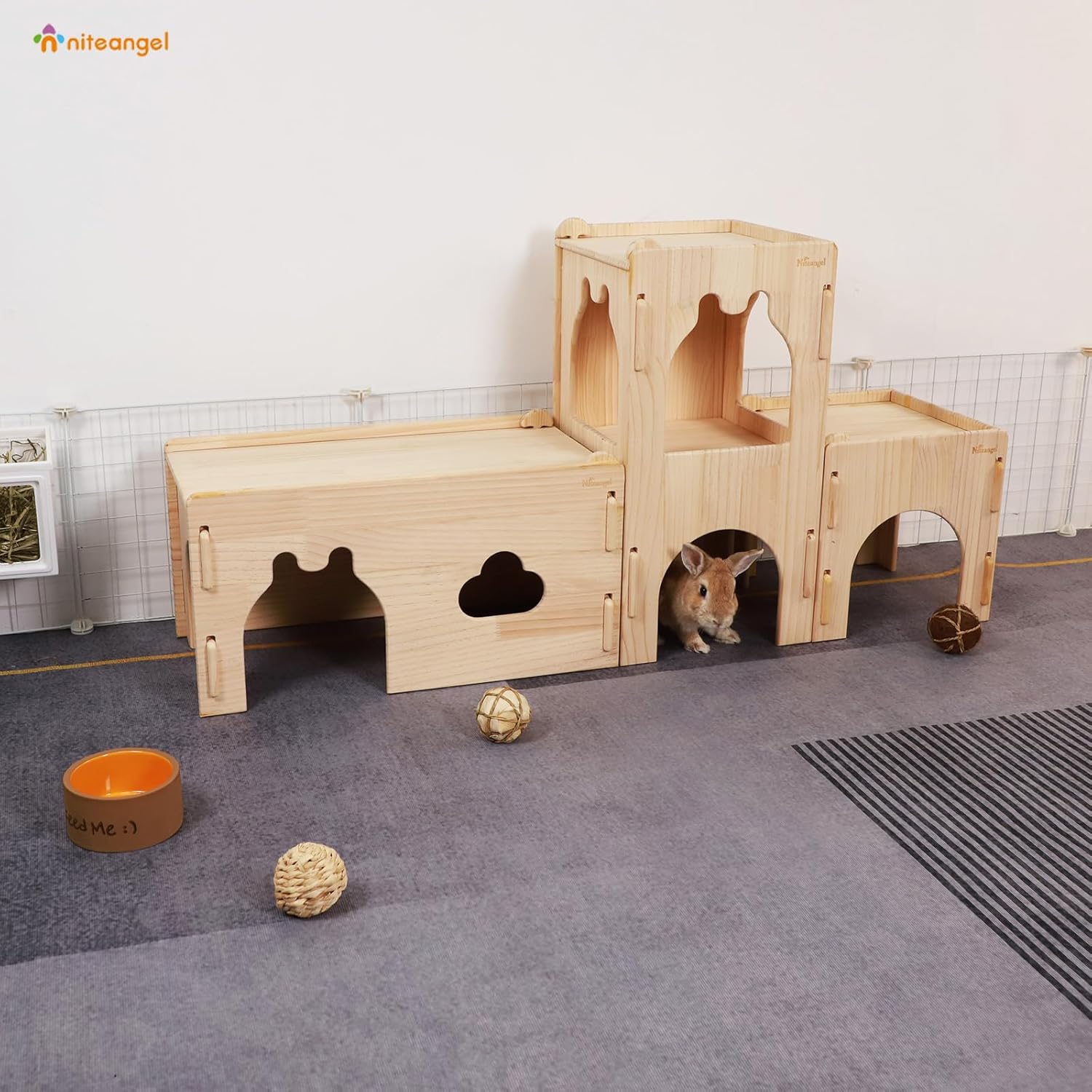 Niteangel Wooden Rabbit Castle and Hideout - Spacious and Breathable Bunny House Tunnel for Rabbit Chinchilla Guinea Pigs or Other Small-Sized Pets (Full Set Castle)
