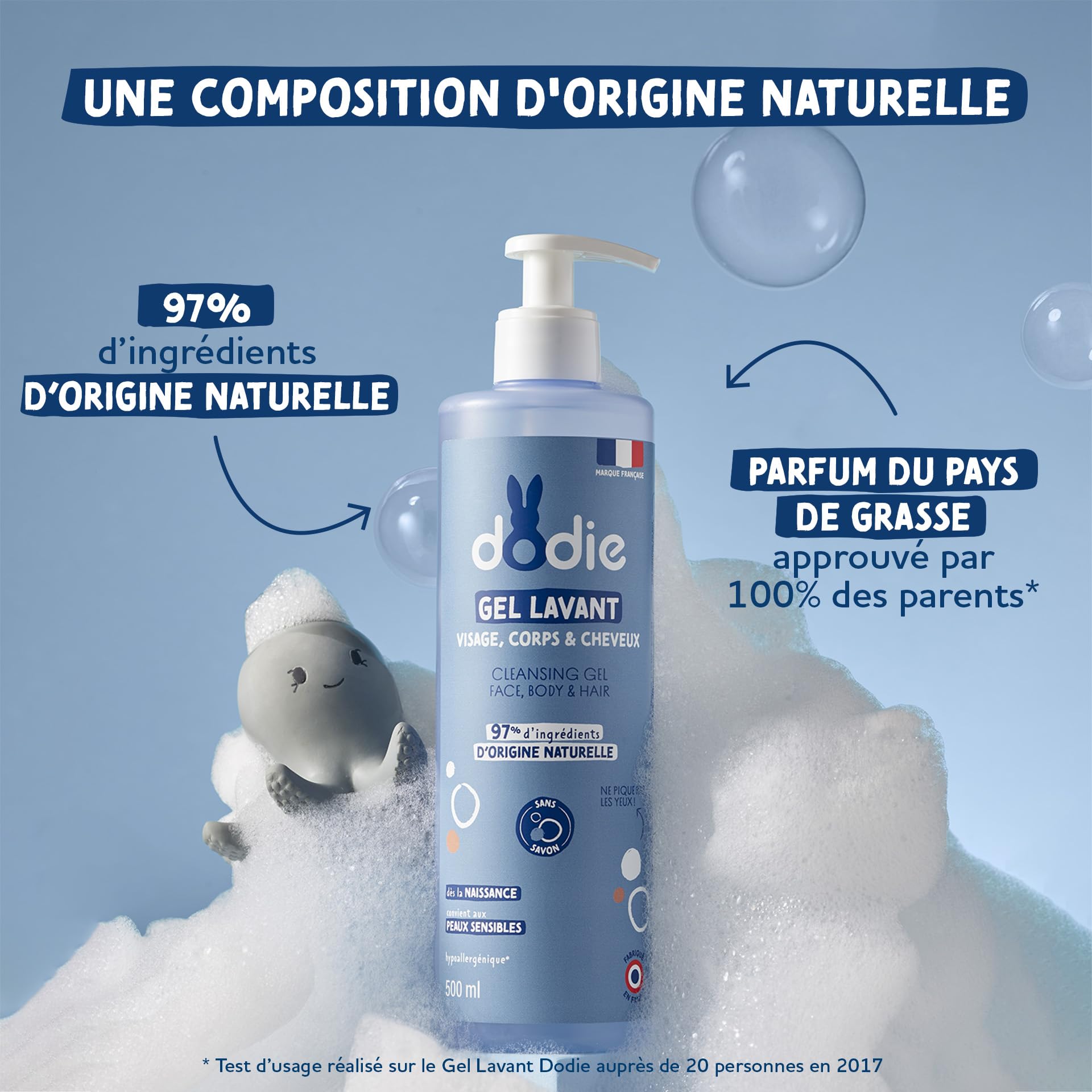 DODIE Gel Lavant 3 en 1 (500 mL) - Nettoyant Visage, Corps et Cheveux - 92% d’ingrédients d’origine naturelle, Hypoallergénique - Dès la naissance