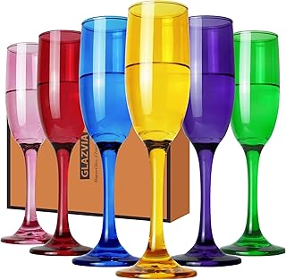 Champagne Flutes Glasses Set of 6-6oz Multi Colored Glass, Unique Colorful Long Stem Champagne Flute Gift for Wedding, Anniversaries, Parties, Birthday, Restaurant, Home Bar