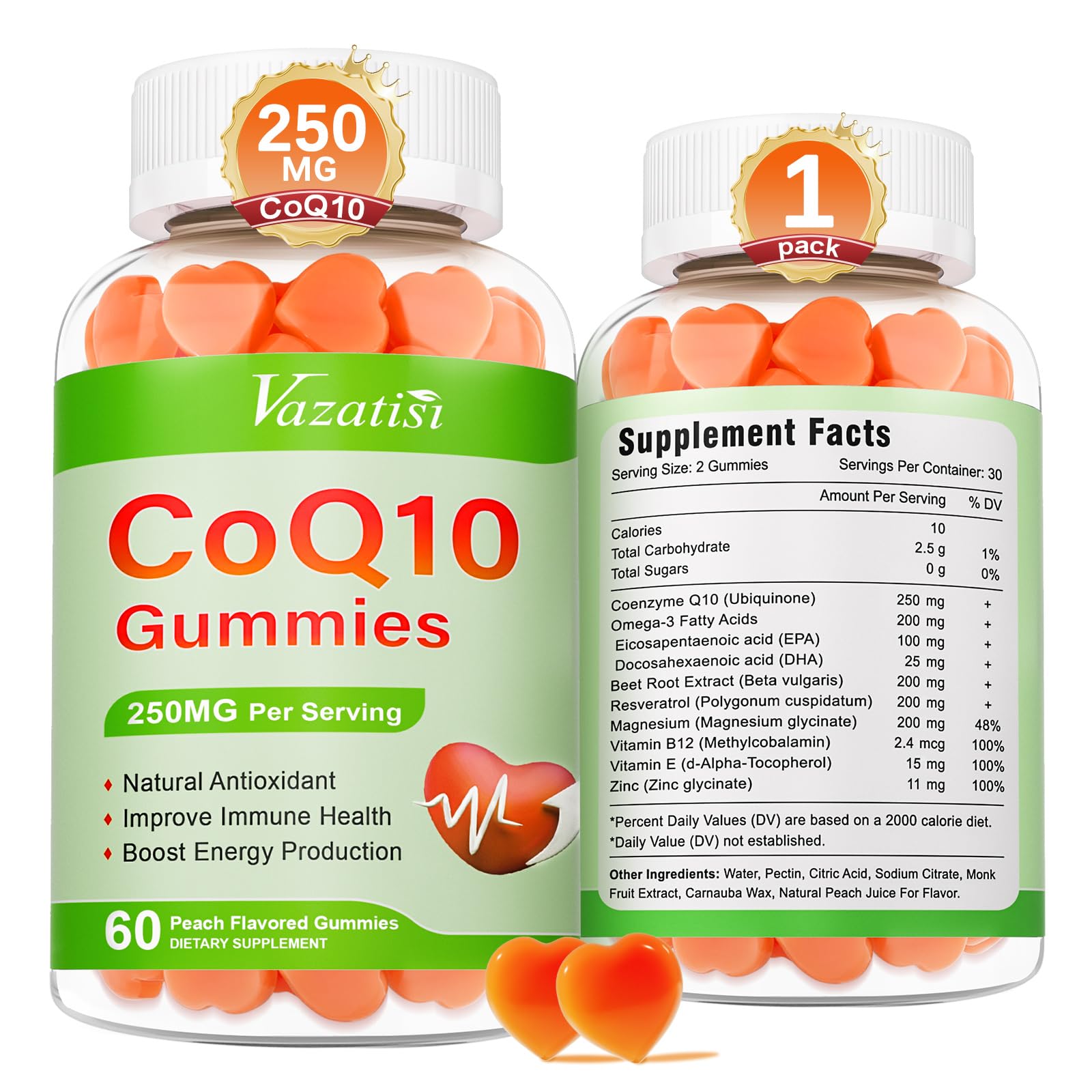 High Absorption CoQ10 Gummies 250 mg, Plus Omega-3, Magnesium, Vitamin B12 for Cellular Energy, Brain & Antioxidant, 5X Better Absorption Coenzyme Q10 Supplement - 60 Cts Peach 60 Count (Pack of 1)