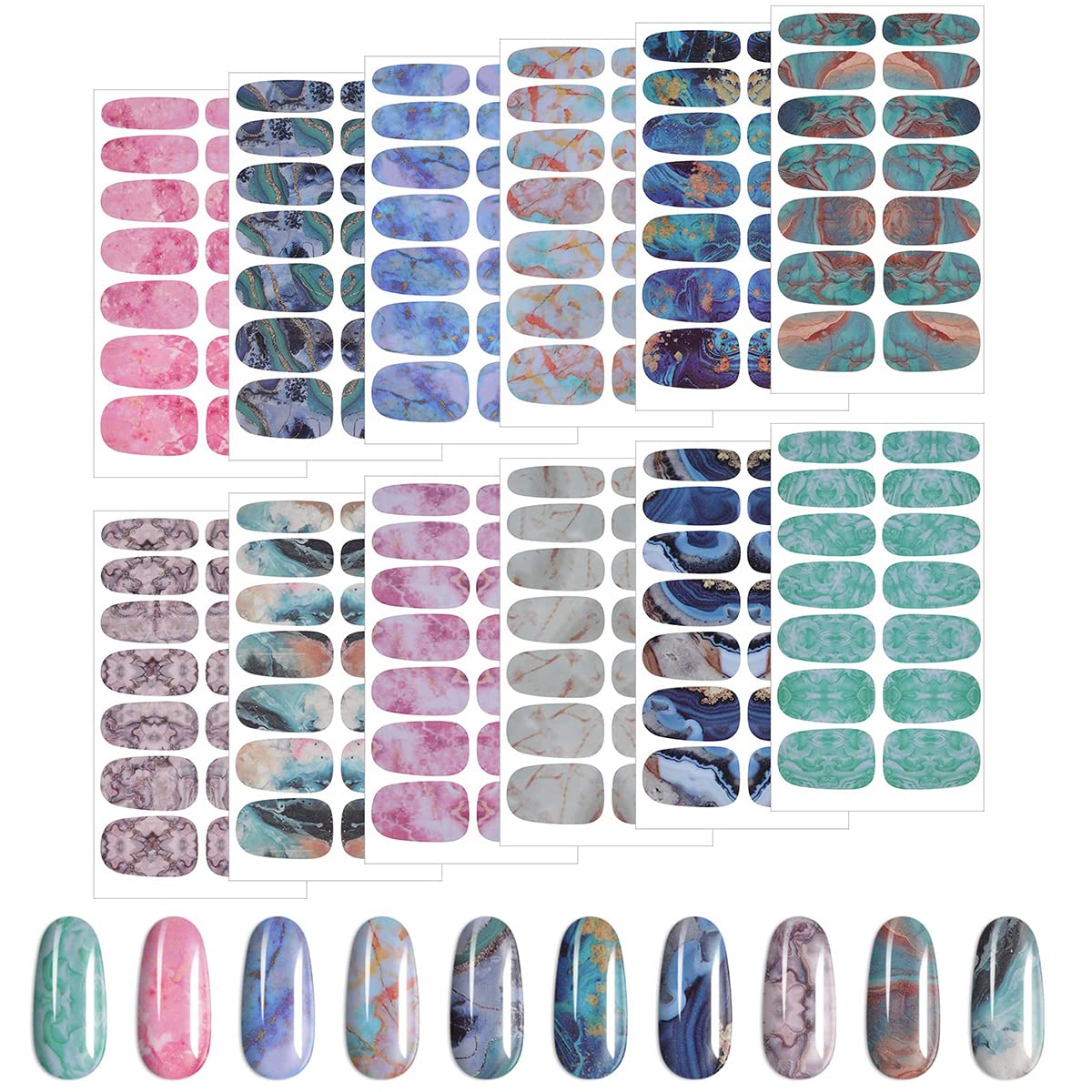 KASTWAVE Marble Nail Art Polish Stickers Full Wrap Strips 12 Sheets, Self-Adhesive Nail Polish Stickers Decal Marble Printed Full Wraps Strips Nail Art Polish Decals for Women Girls