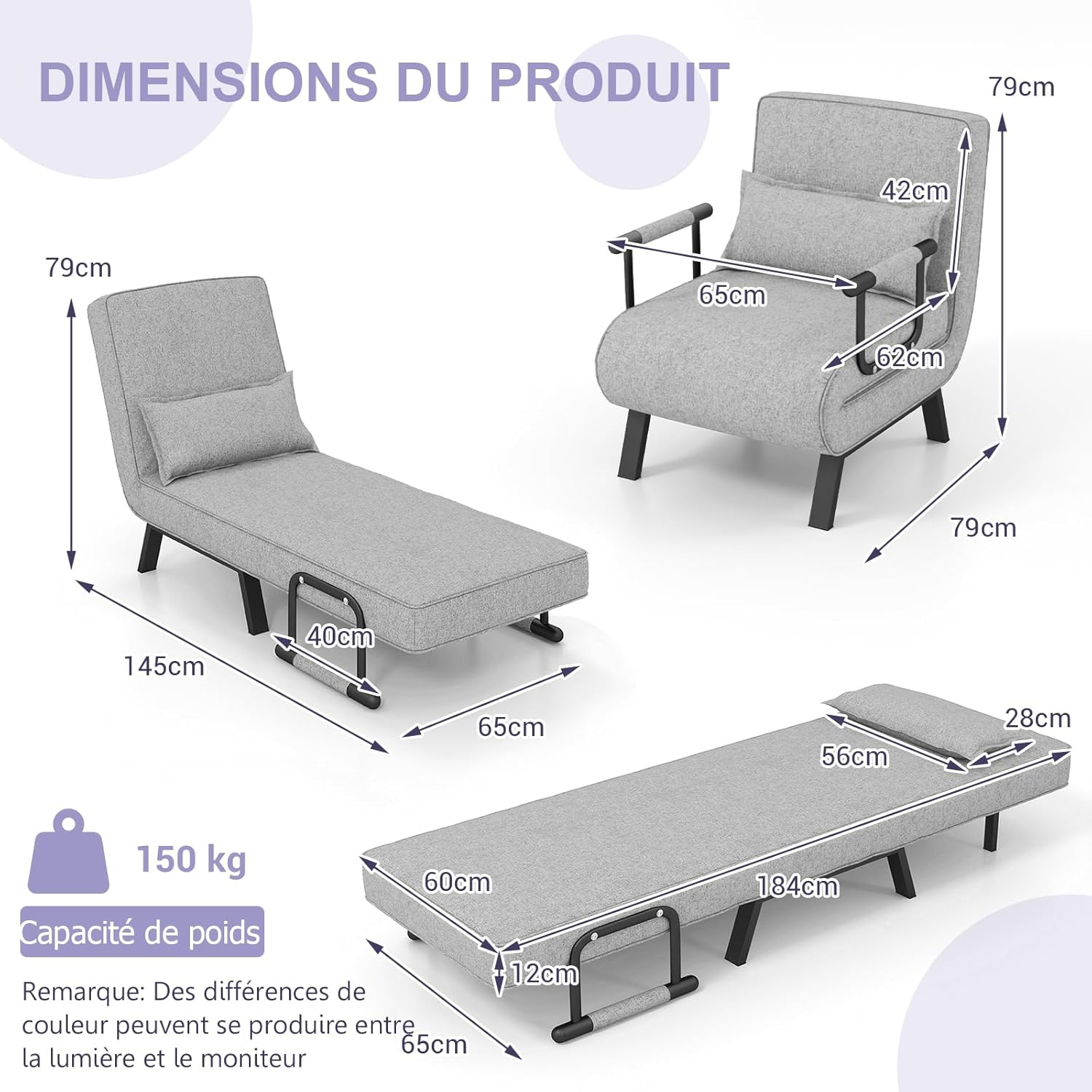 Diagram showing robust structure of the chair bed with metal legs and anti-slip pads