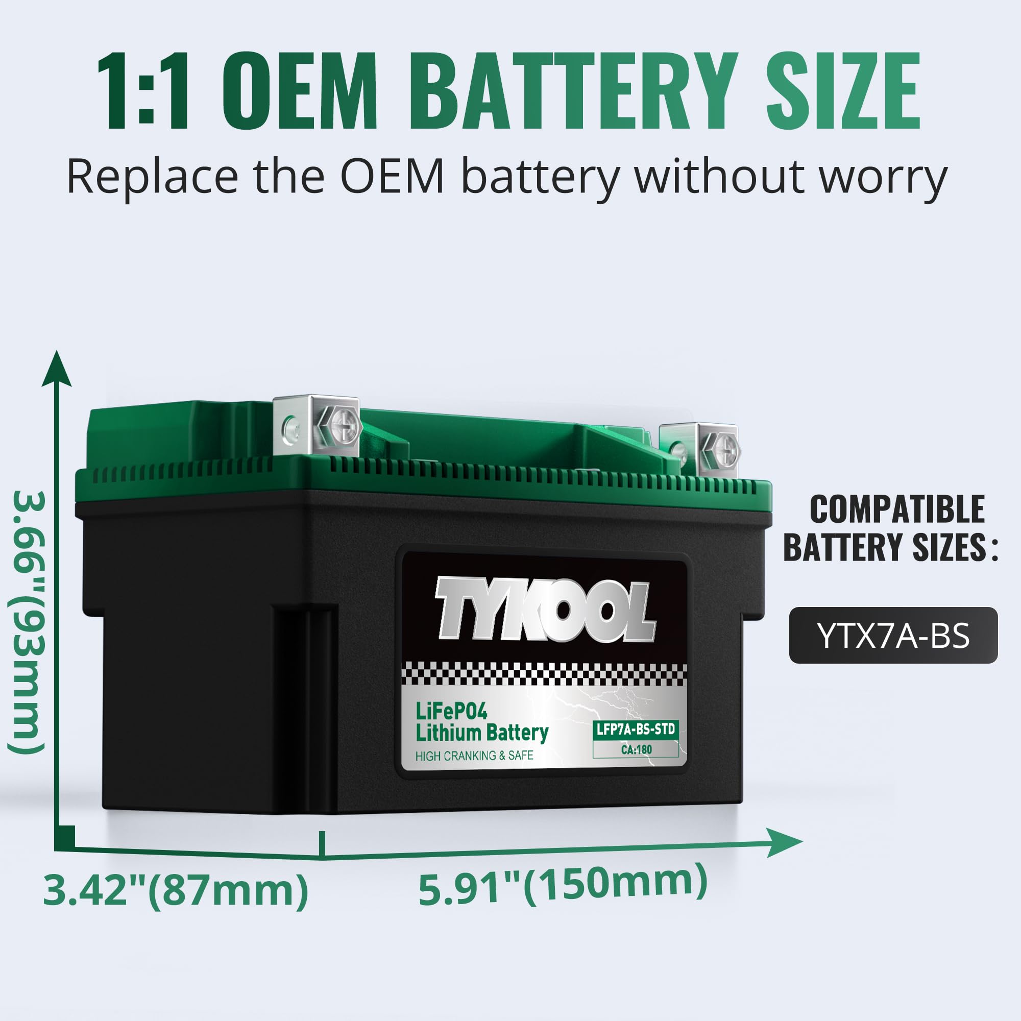 YTX7A-BS,180 CCA, Lithium LiFePO4 Motorcycle Battery,2X Cranking Amps,5X Longer Life, Compatible for Motorcycle,Scooter,Moped, ATV,4 Wheeler, Lawn Mower, and Generator Battery