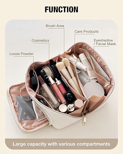 Miniatura 2 de stona Bolsa de maquillaje de viaje para mujer, de piel sintética, de gran capacidad, impermeable, a cuadros, bolsa portátil para artículos de aseo