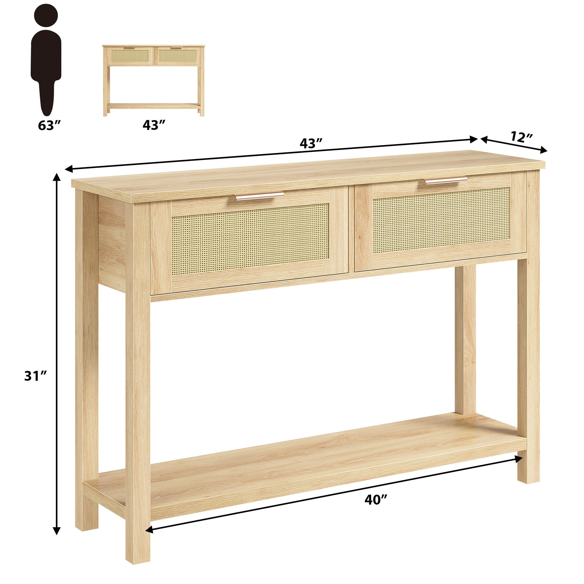 Garvee Table Console à 2 Niveaux, Meuble d’Entrée, Table d'appoint avec 2 Tiroirs en Rotin et Étagère de Rangement, pour Couloir Chambre Salon