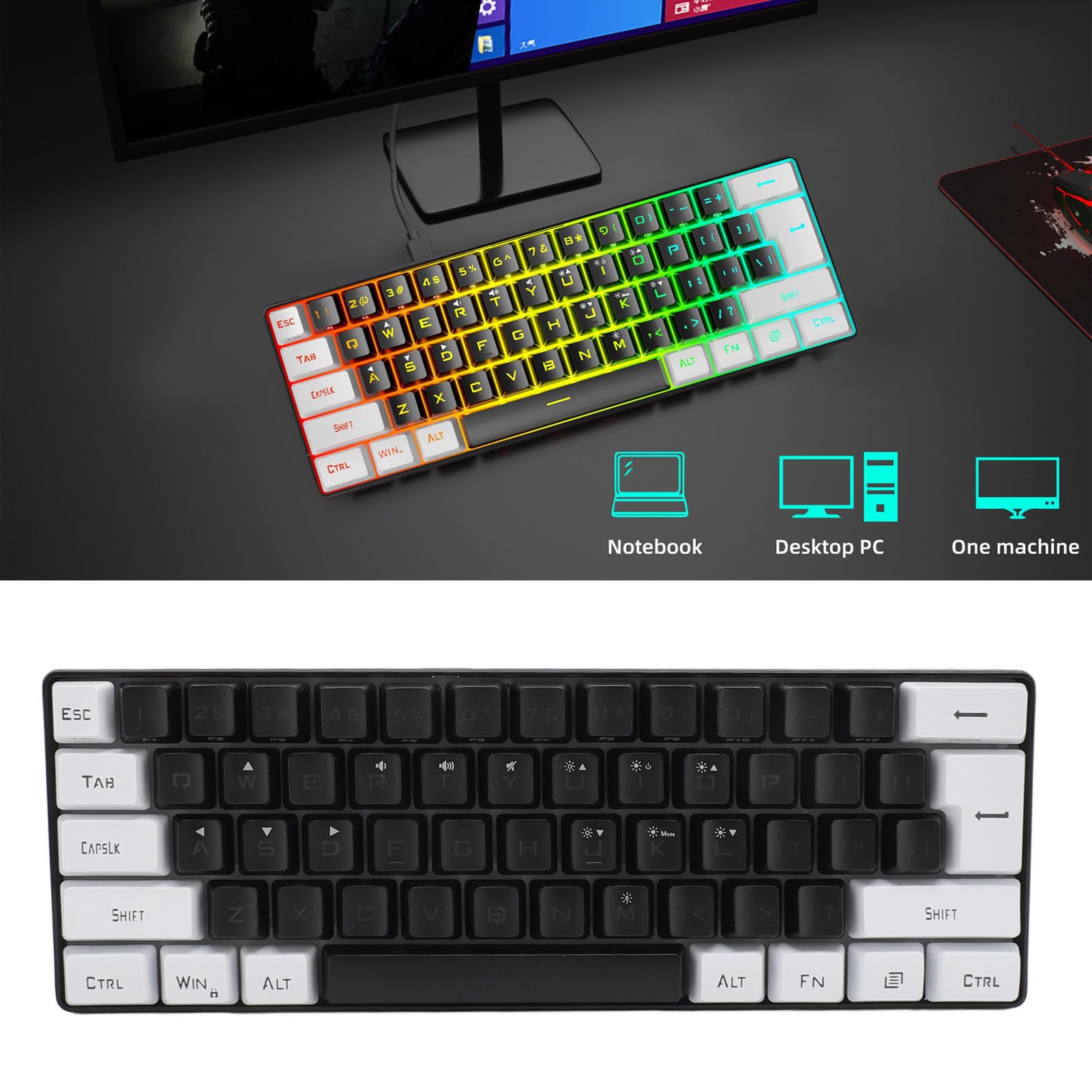 Mechaniczna klawiatura do gier, 61 klawiszy, 60% kompaktowa klawiatura do gier z 7-kolorowym podświetleniem RGB, przewodowa klawiatura USB do laptopa stacjonarnego i podróżna (czarno-biała)