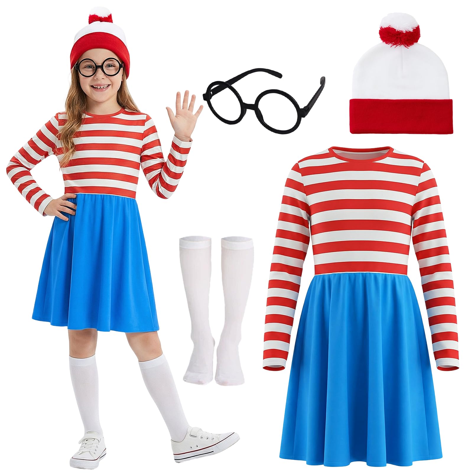Meriviva World Book Day Costumes for Girls with Blue Dress with Red and White Striped T-Shirt Glasses Hat Socks, Kids Girls Fancy Dress for World Book Day Costume (XL)