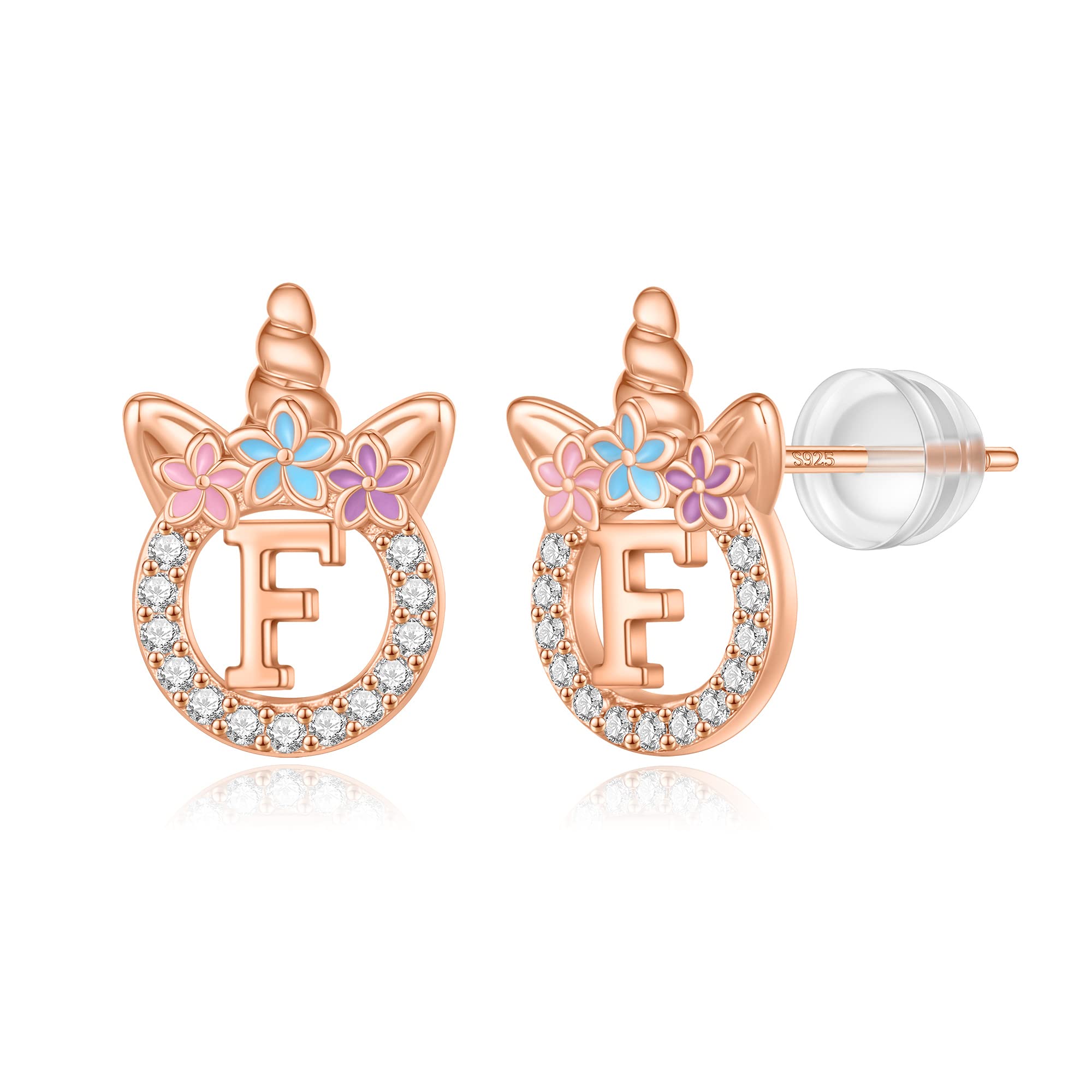Unicorn Earrings Gifts for Girls - 925 Sterling Silver Stud Earrings Hypoallergenic Initial Unicorn Earring for Girls Kids Jewelry CZ Birthday Gifts