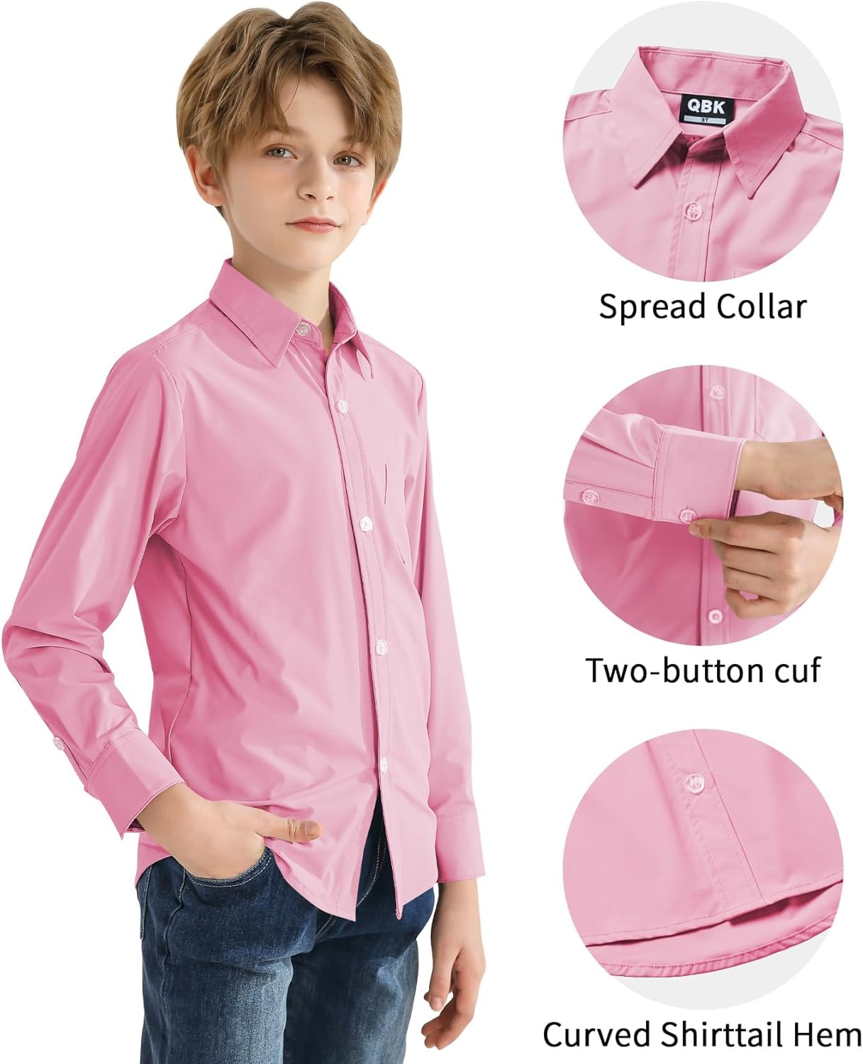 2T-16Y Boys' Stretch Long Sleeve Button Down Toddler Dress Shirt Wrinkle Free Oxford Uniform Shirt with Chest Pocket - Image 3