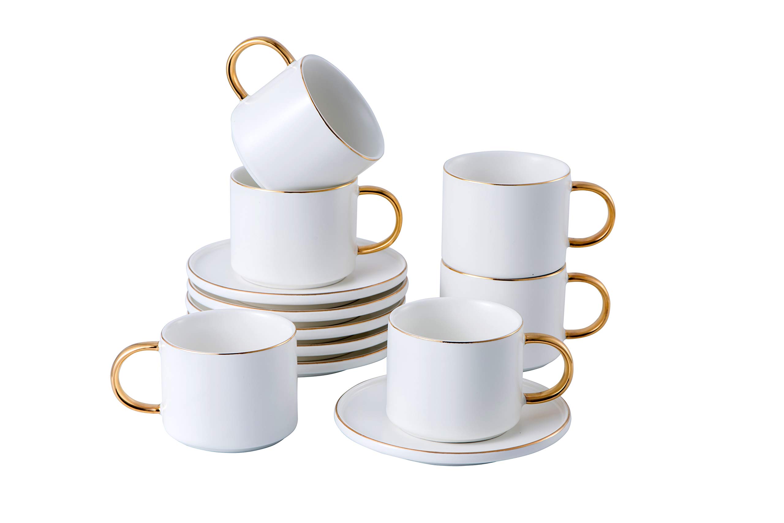 Set of 6 (8.5 oz) Cups and Saucers with gold trim and gift box, Tea Cup Set, Esspresso/cofffee Cup, 